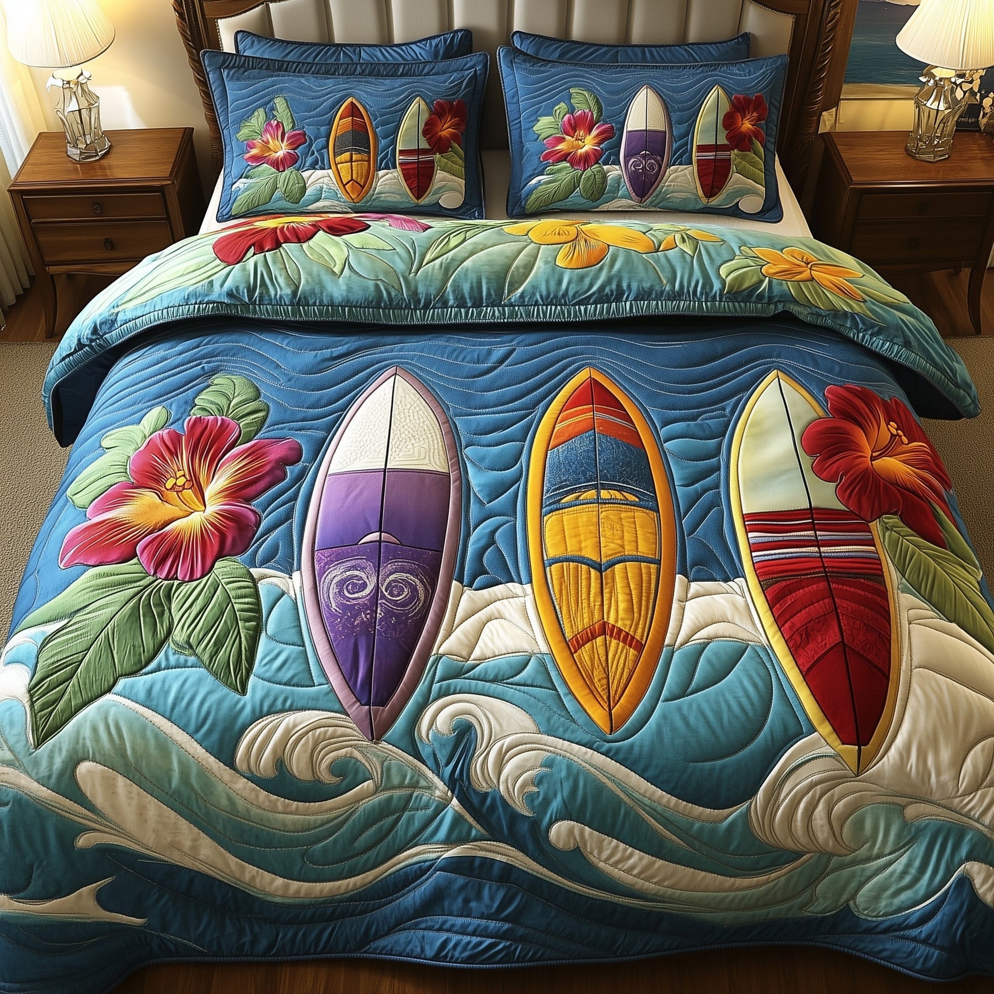Tropical Wave Rider Quilted Bedding Set Coastal Surf Scene Perfect Gift for Surfers Fans - Bancroftclothings
