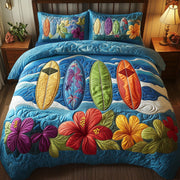 Tropical Wave Rider Quilted Bedding Set Coastal Surf Scene Seaside Surfing Decor Bedding Gifts - Bancroftclothings