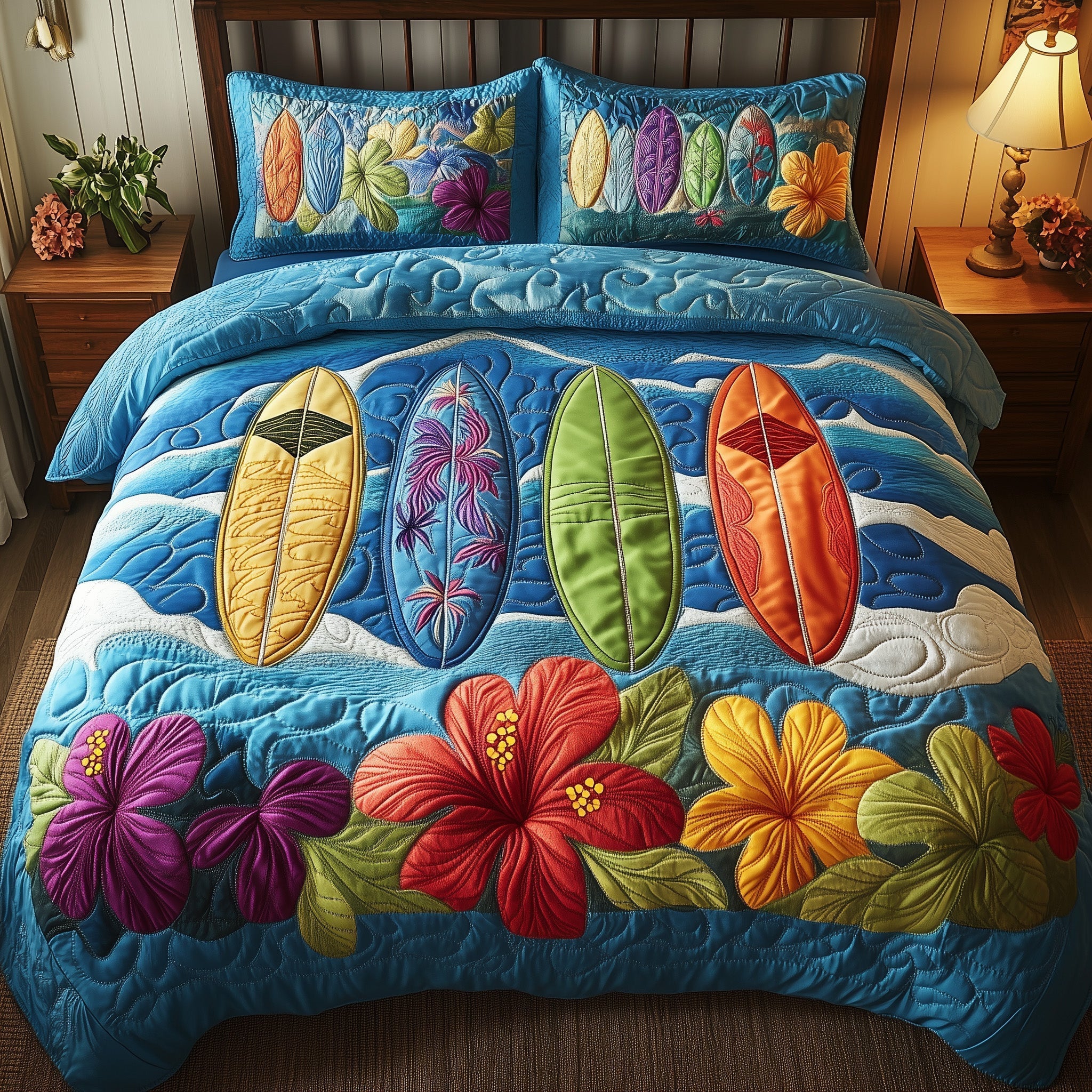 Tropical Wave Rider Quilted Bedding Set Coastal Surf Scene Seaside Surfing Decor Bedding Gifts - Bancroftclothings