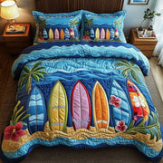 Tropical Wave Rider Quilted Bedding Set Coastal Surf Scene Tropical Ocean-Inspired Gifts - Bancroftclothings