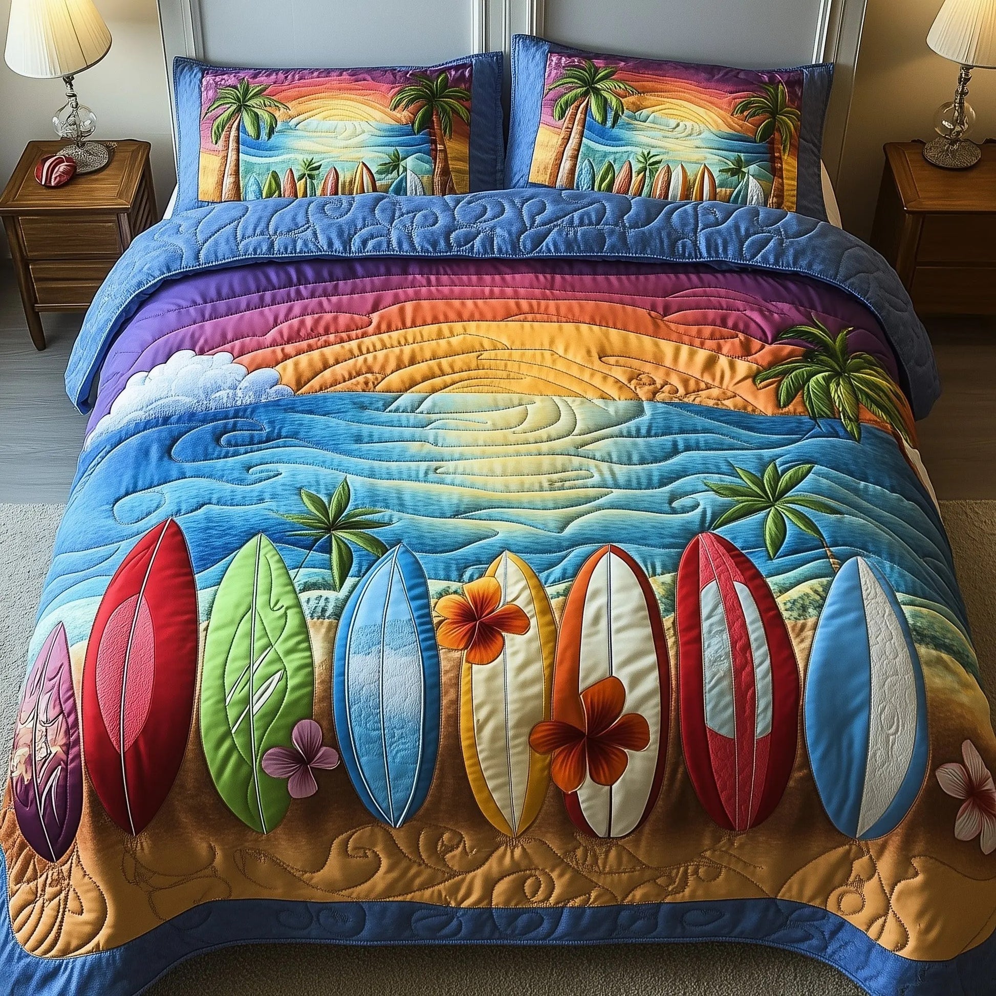 Tropical Wave Rider Quilted Bedding Set Coastal Surf Tropical Wave Rider Beach Theme Gifts - Bancroftclothings