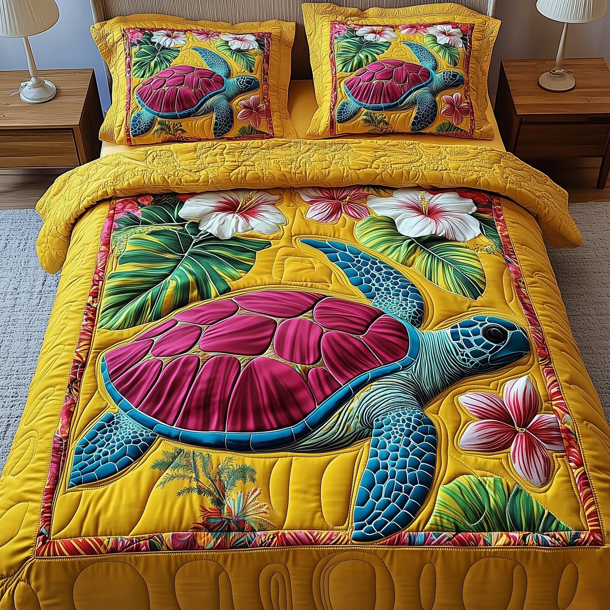 Turtle Island Escape Quilted Bedding Set Tropical Plants Design Best Sea Animal Bedding Gifts - Bancroftclothings