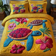 Turtle Island Escape Quilted Bedding Set Tropical Plants Design Exotic Marine Life Bedding Gift - Bancroftclothings