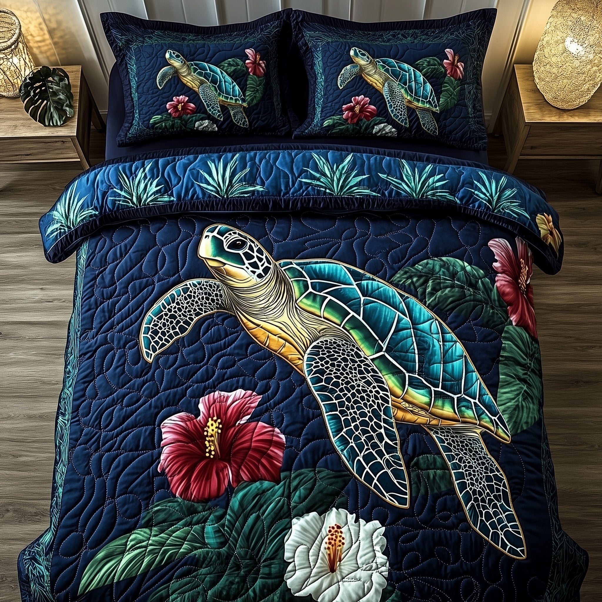 Turtle Island Escape Quilted Bedding Set Tropical Plants Design Exotic Marine Life Gifts - Bancroftclothings