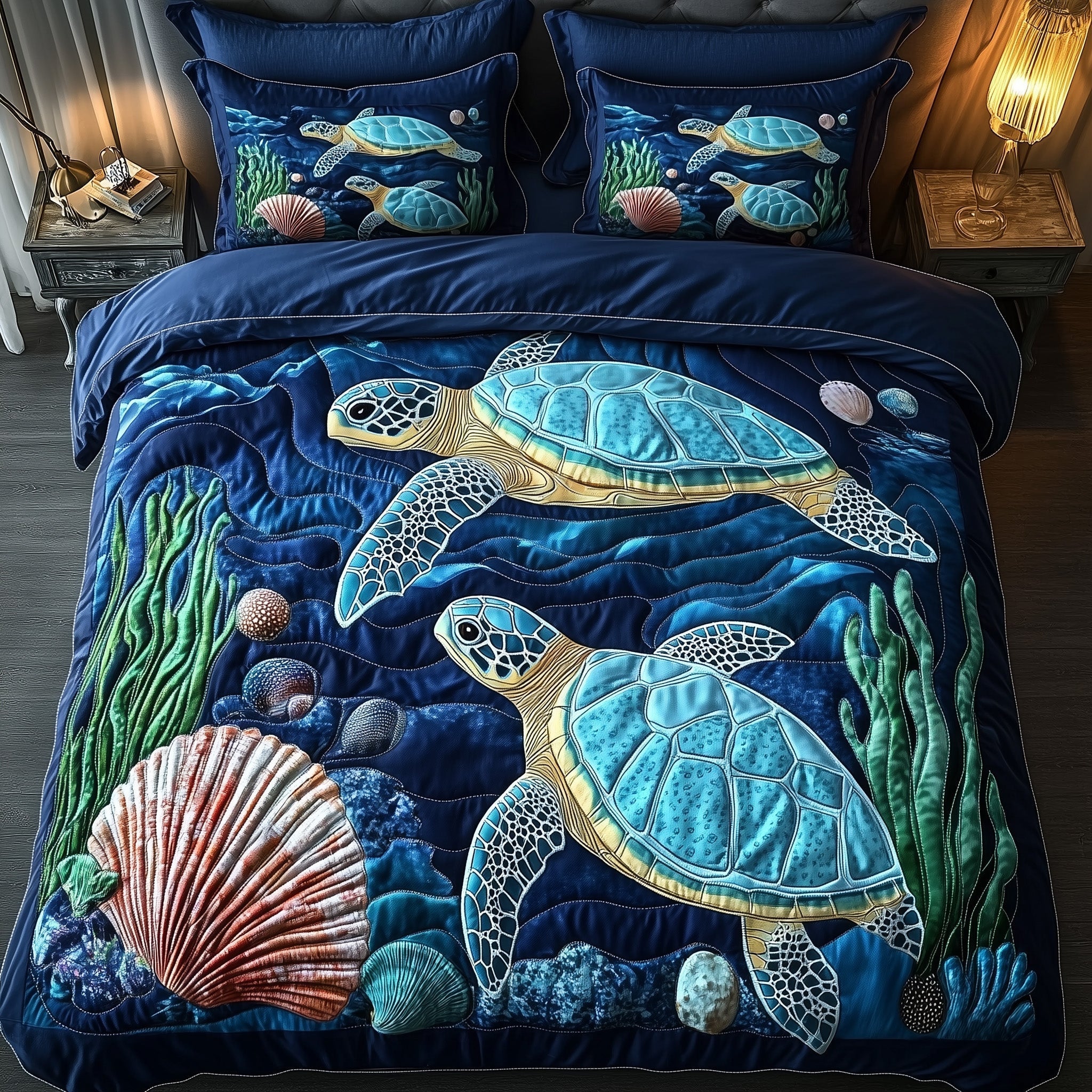 Turtle Island Escape Quilted Bedding Set Underwater Design Bedding Exotic Marine Life Gifts - Bancroftclothings