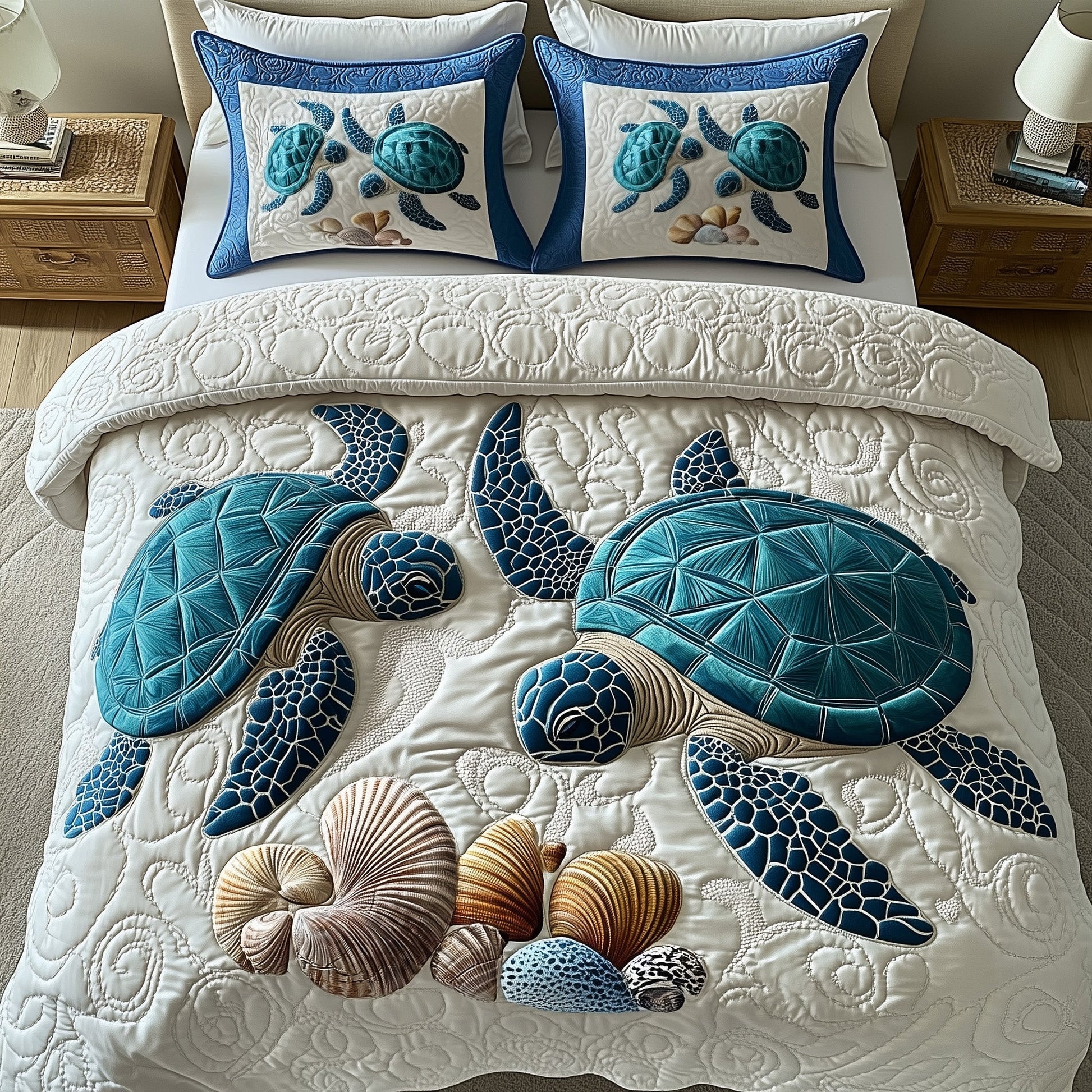 Turtle Island Escape Quilted Bedding Set Underwater Design Bedding Marine Life Gifts - Bancroftclothings