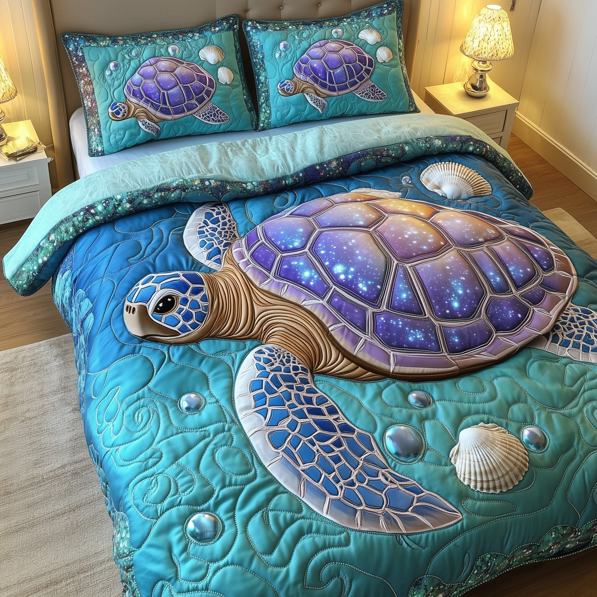 Turtle Ocean Journey Quilted Bedding Set Coastal Animal Decor Best Turtle Bedding Gifts - Bancroftclothings