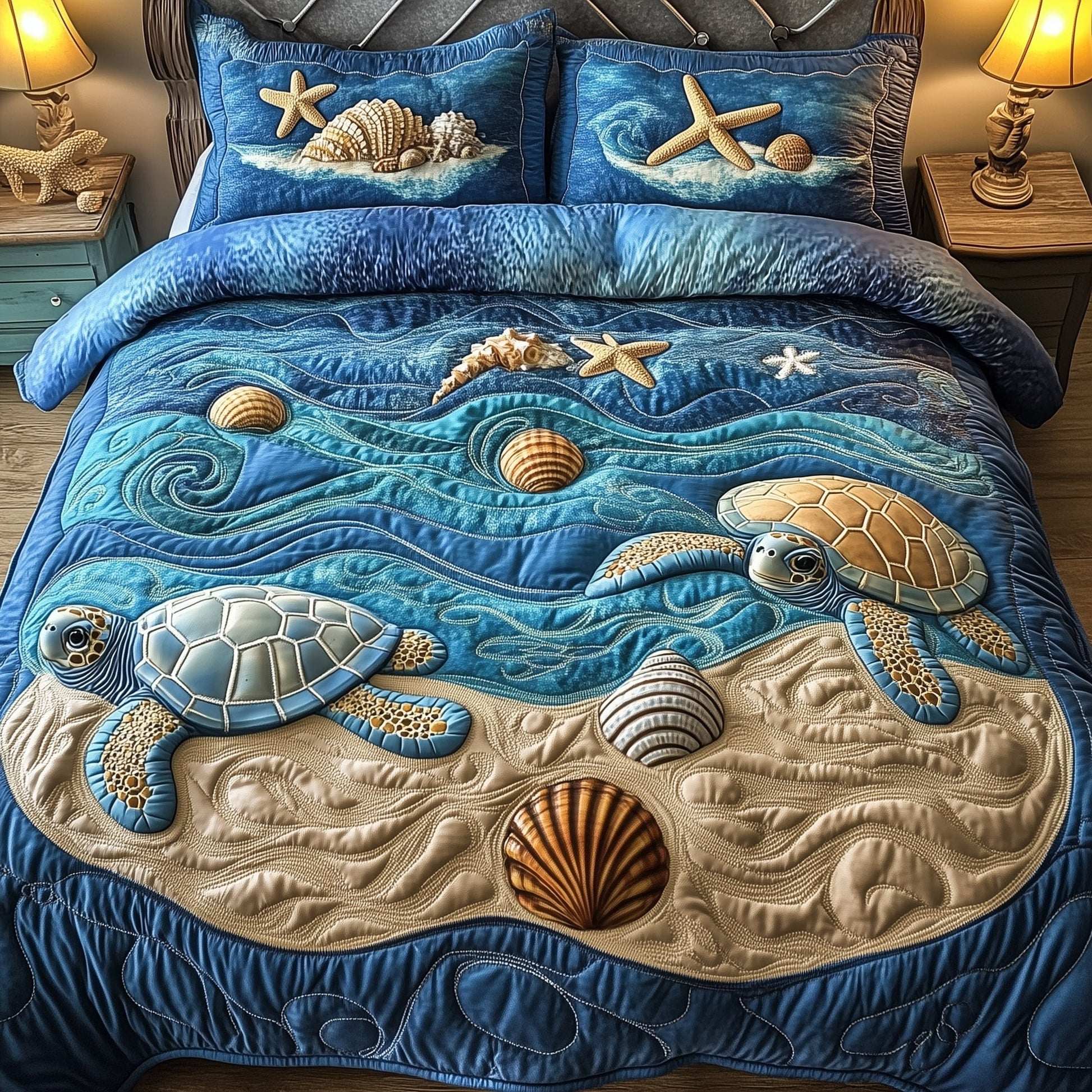 Turtle Ocean Journey Quilted Bedding Set Coastal Turtle Decor Best Sea Animal Bedding Gifts - Bancroftclothings