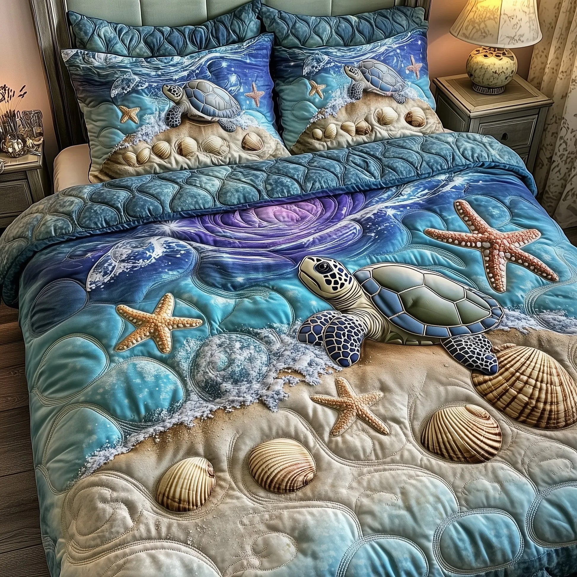 Turtle Ocean Journey Quilted Bedding Set Coastal Turtle Theme Cute Sea Animal Bedding Gifts - Bancroftclothings