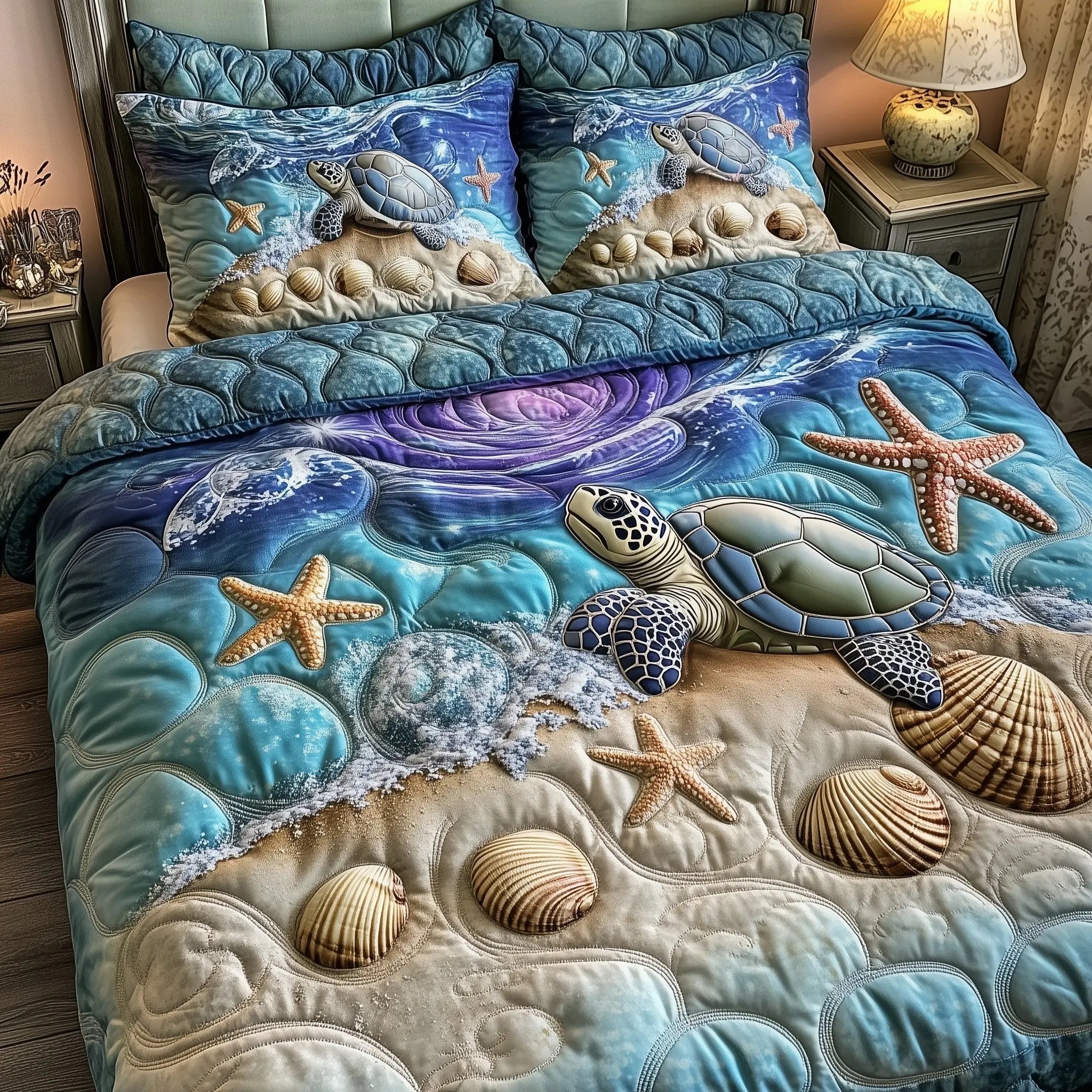 Turtle Ocean Journey Quilted Bedding Set Coastal Turtle Theme Cute Sea Animal Bedding Gifts - Bancroftclothings