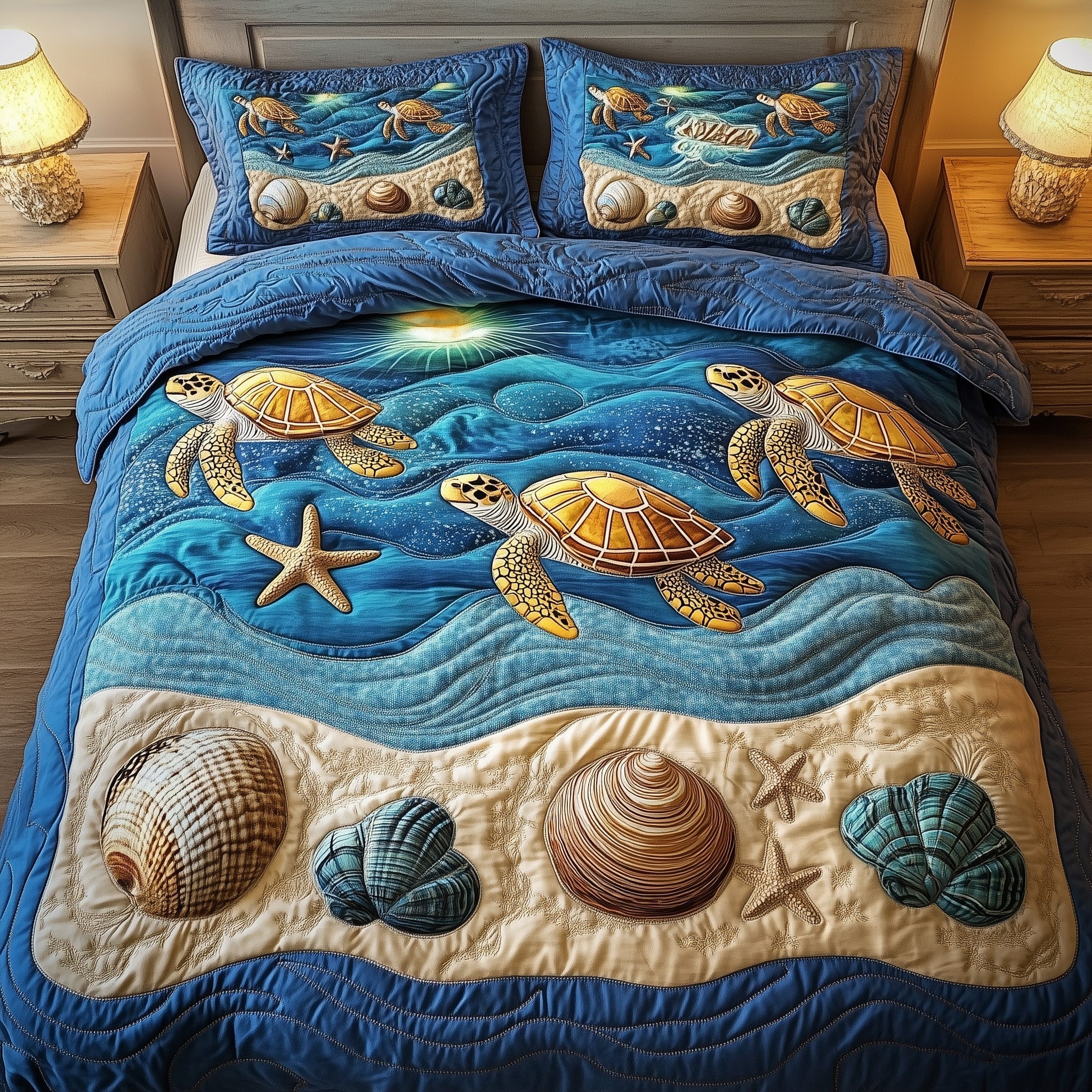 Turtle Ocean Journey Quilted Bedding Set Golden Turtle Ocean Adventure Bedding Gifts - Bancroftclothings