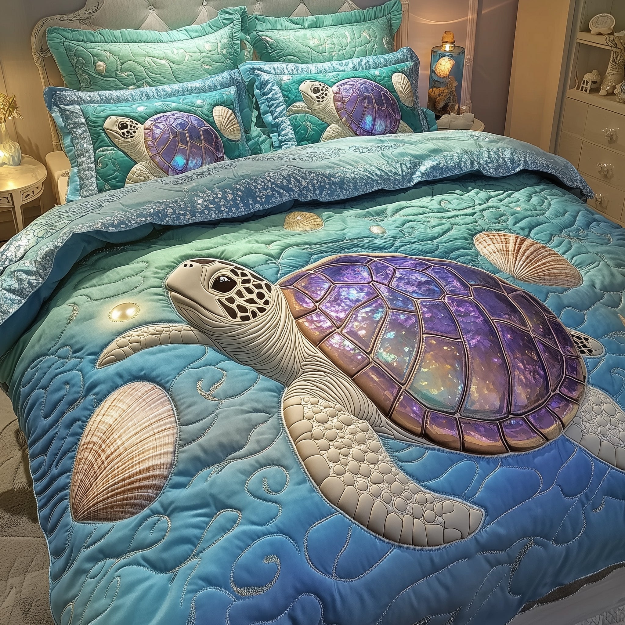 Turtle Ocean Journey Quilted Bedding Set Underwater Scene Art Underwater World Bedding Gifts - Bancroftclothings