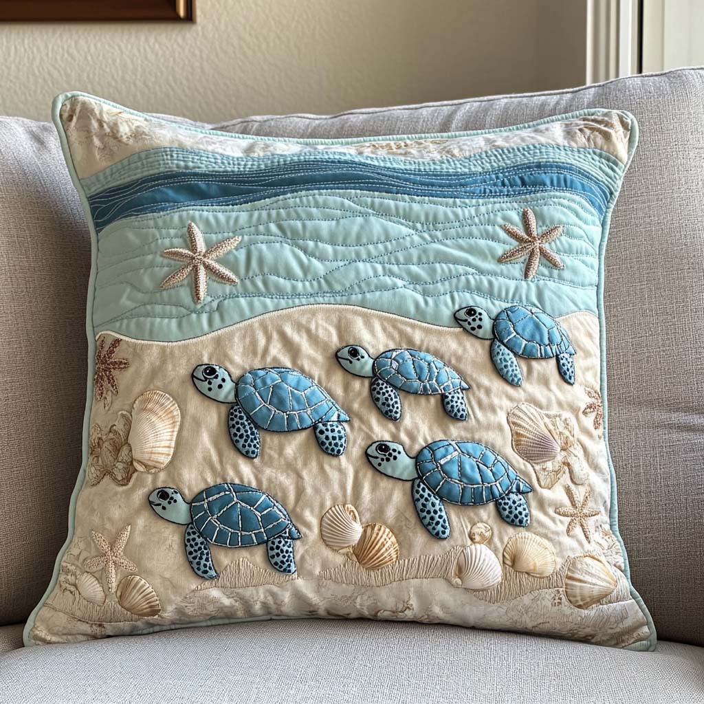 Turtle Ocean Waves Quilted Pillow Case Animal Themed Trendy Home Decor Gifts For Turtle Lover - Bancroftclothings