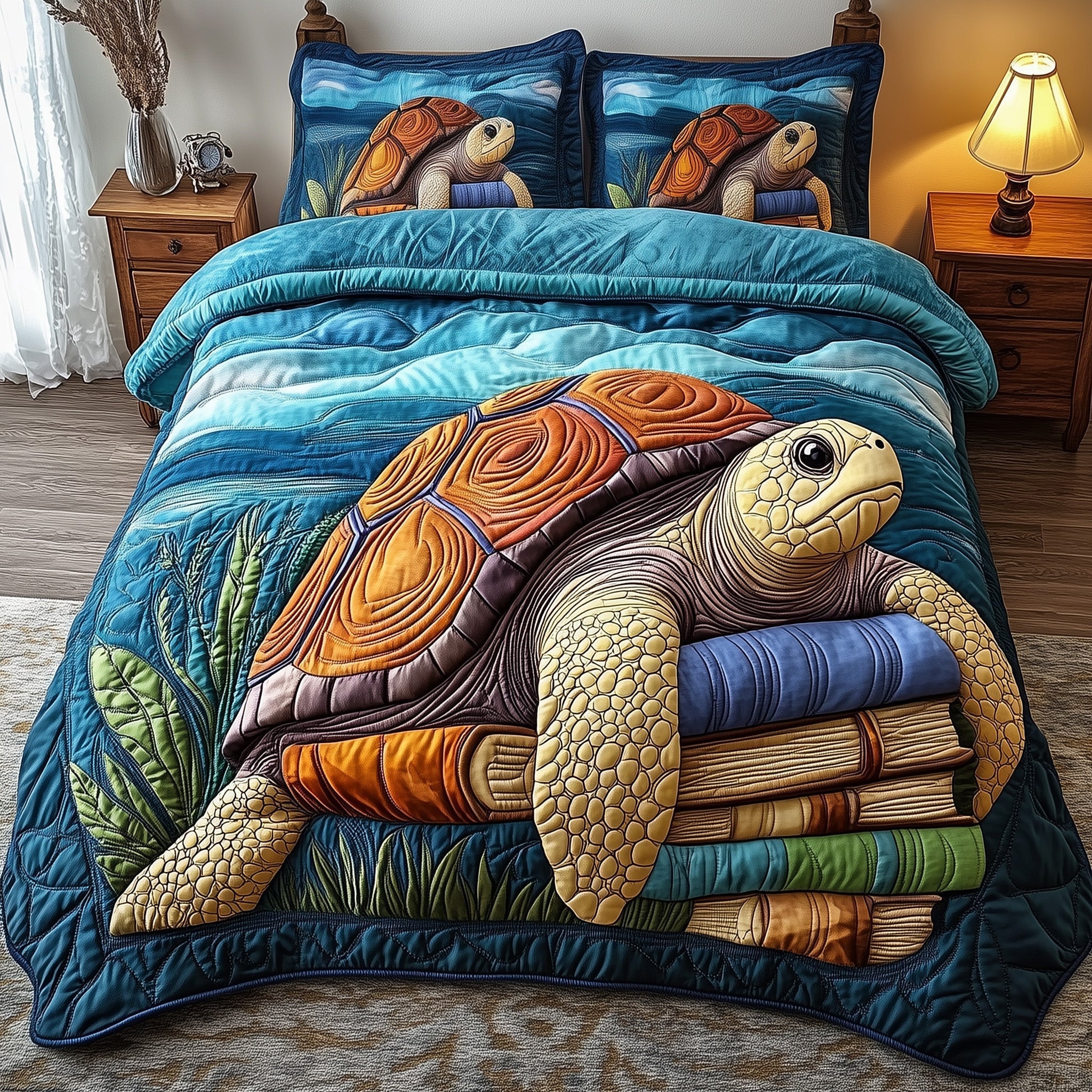 Turtle Quilted Bedding Set Sea Turtle Reading Books Marine Life Animals Gift Ideas - Bancroftclothings