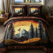 Twilight Forest Quilted Bedding Set Pine Tree Landscape Sunset Scene Bedding Gifts - Bancroftclothings