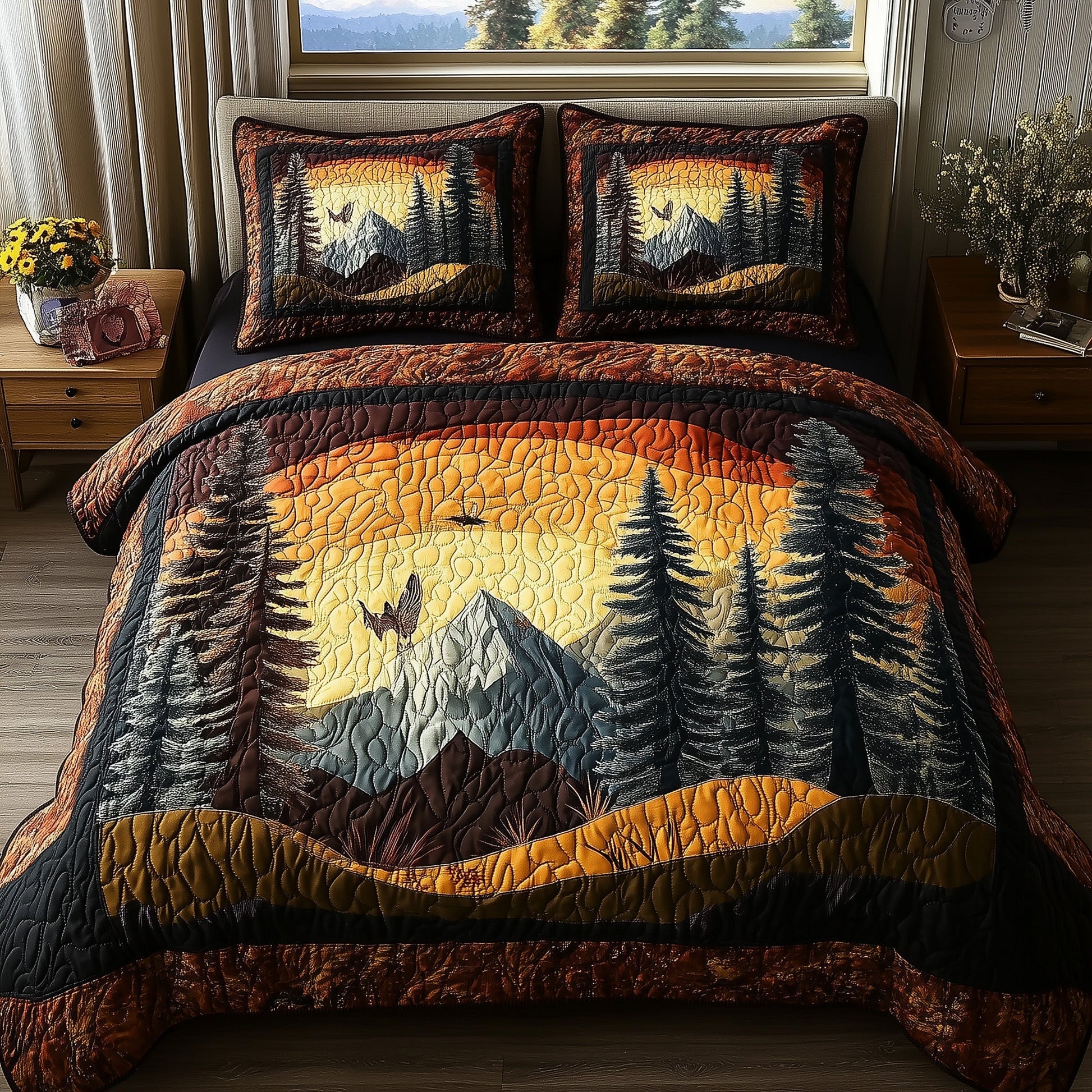 Twilight Forest Quilted Bedding Set Pine Tree Landscape Sunset Scene Bedding Gifts - Bancroftclothings