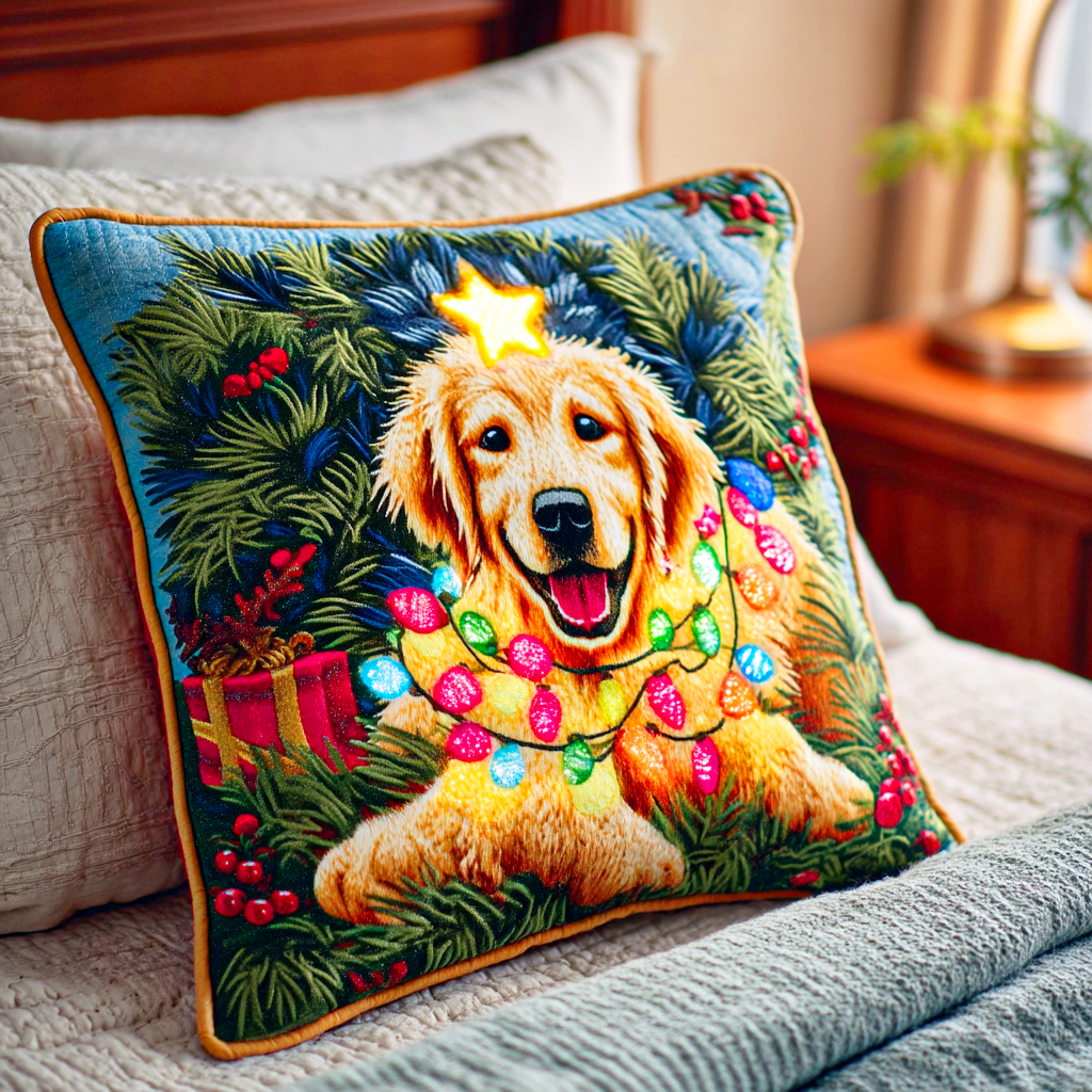 Twinkle Light Golden Quilted Pillow Case Holiday Pillow Case Golden Retriever Christmas Decoration - Bancroftclothings