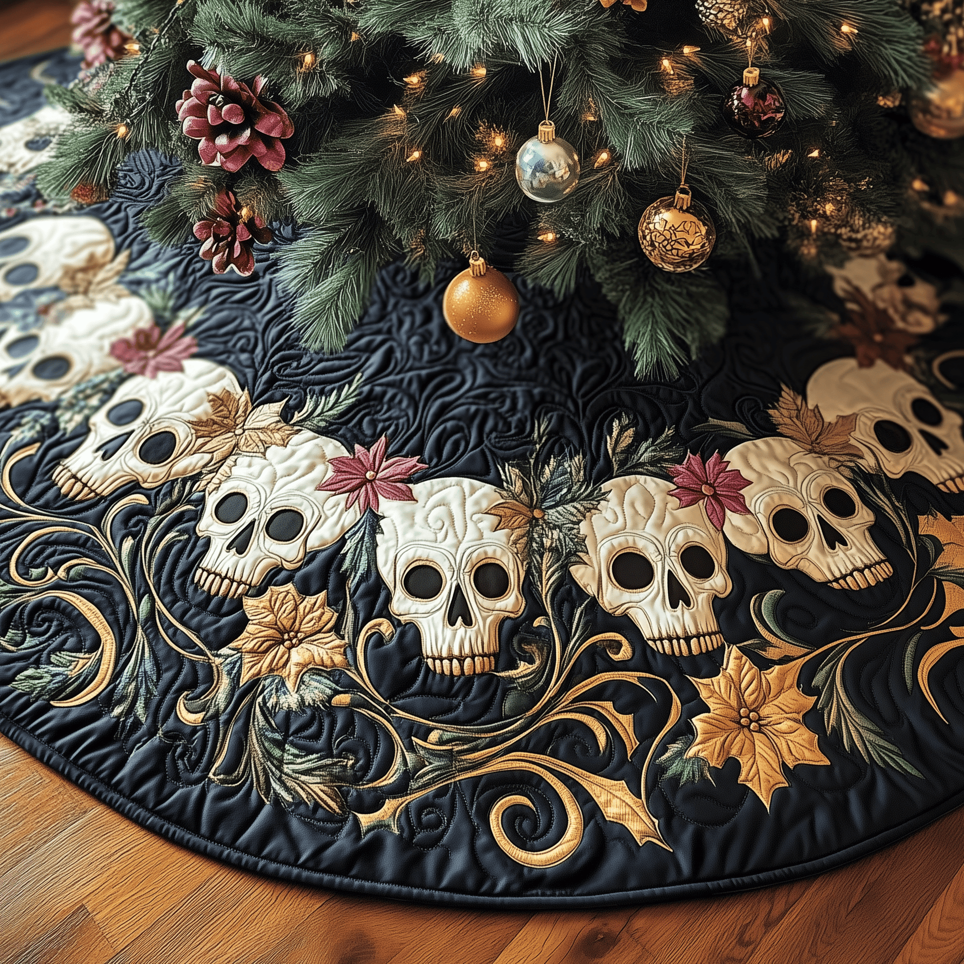 Vintage Floral Skull Quilted Tree Skirt A Safe and Stylish Tree Skirt for Your Family's Happiness - Bancroftclothings