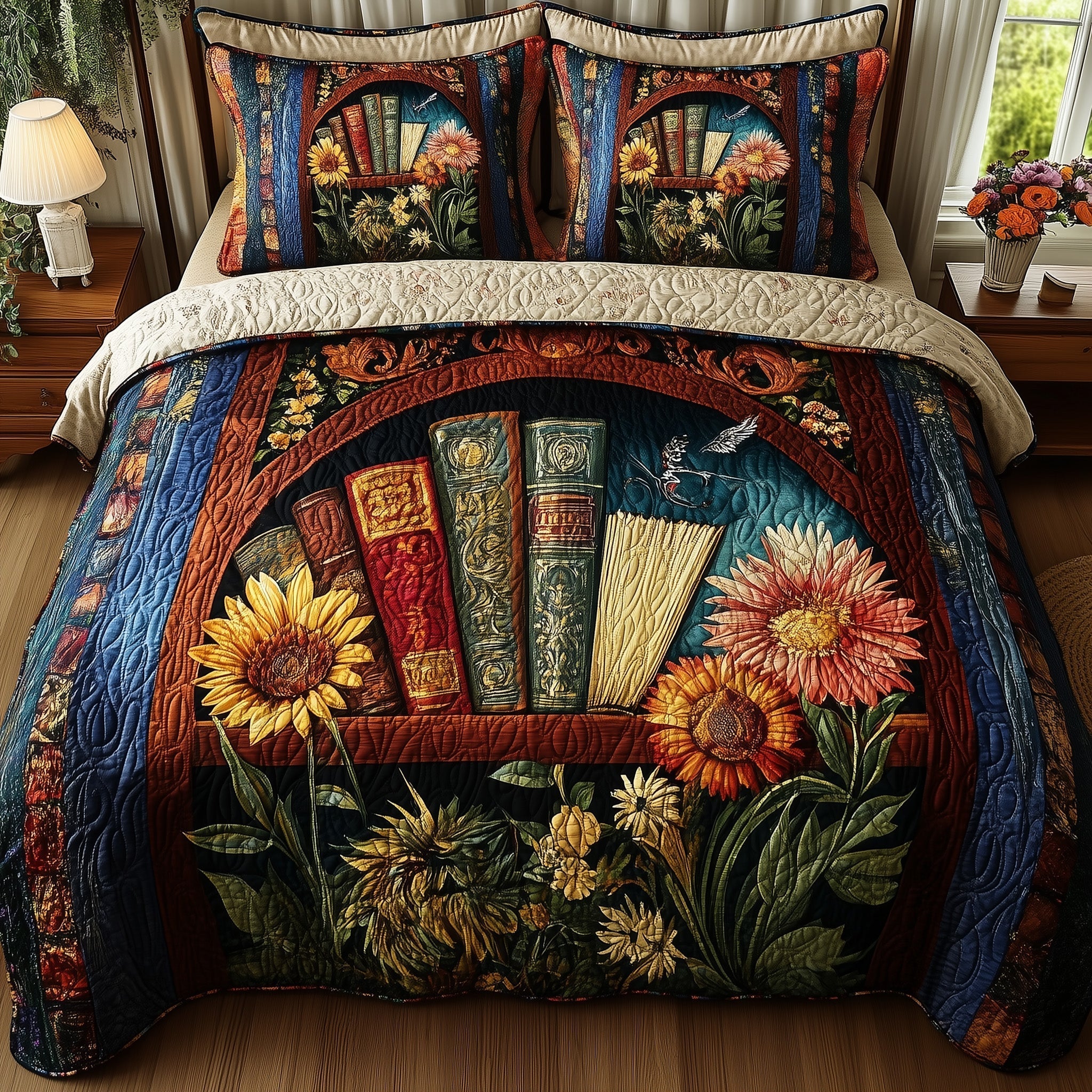 Vintage Library Quilted Bedding Set Classic Floral Bookshelf Decor Peaceful Book Themed Presents - Bancroftclothings