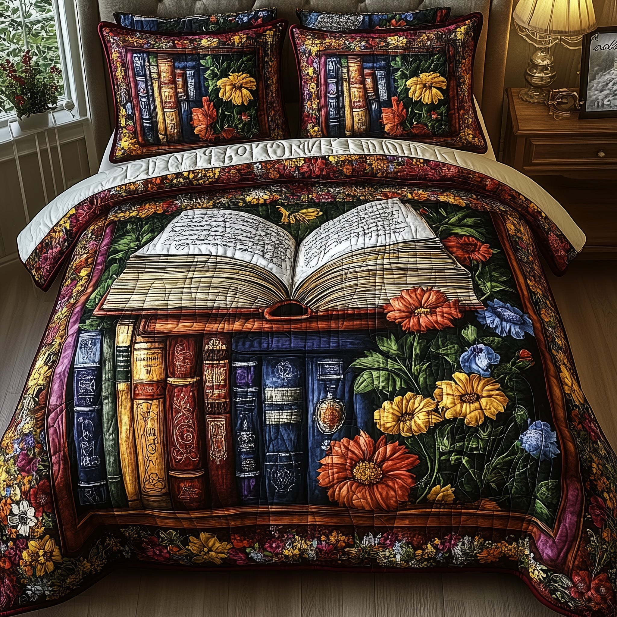 Vintage Library Quilted Bedding Set Rustic Bookshelf Decor Peaceful Bookish Themed Gifts - Bancroftclothings