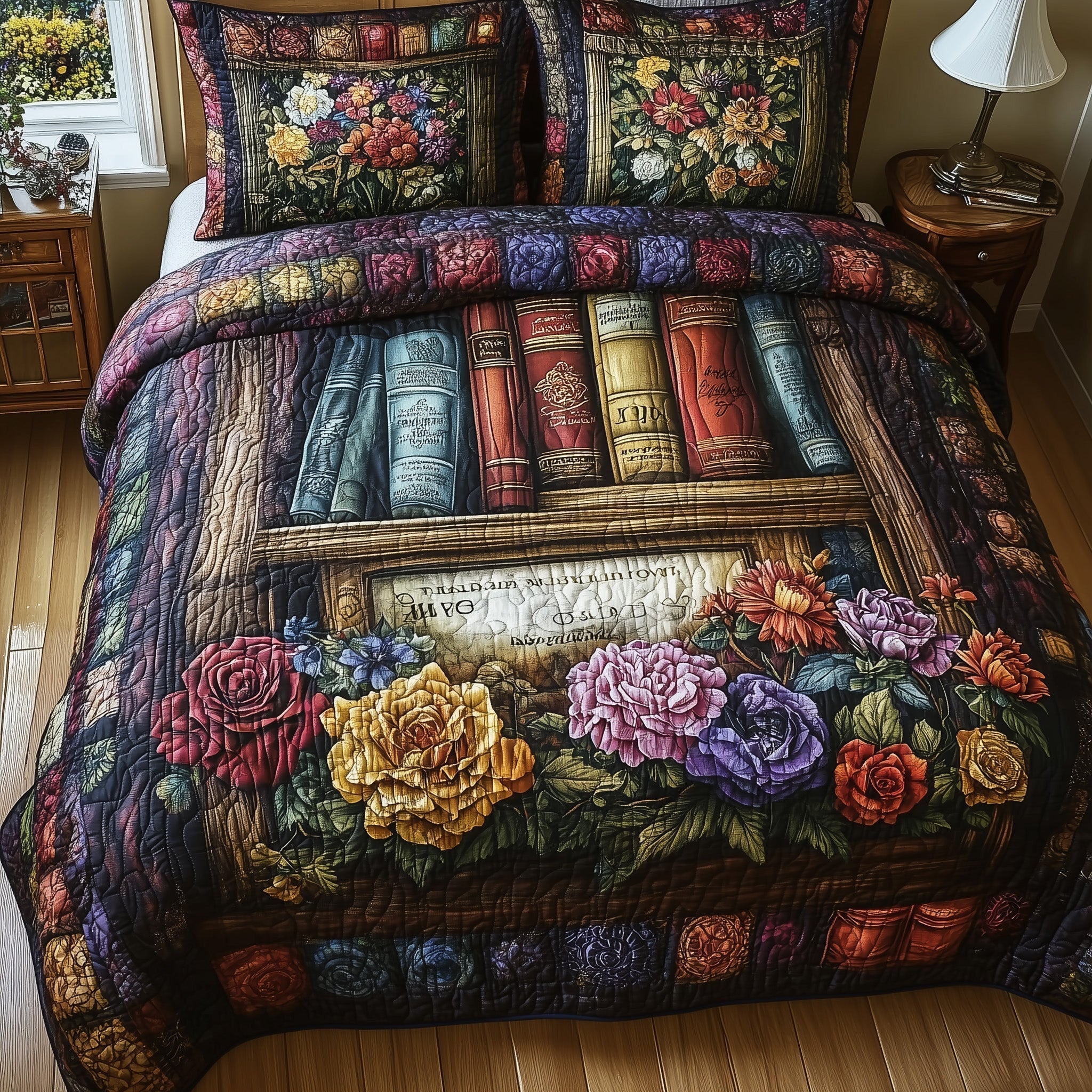 Vintage Library Quilted Bedding Set Rustic Floral Bookshelf Decor Peaceful Book Themed Presents - Bancroftclothings