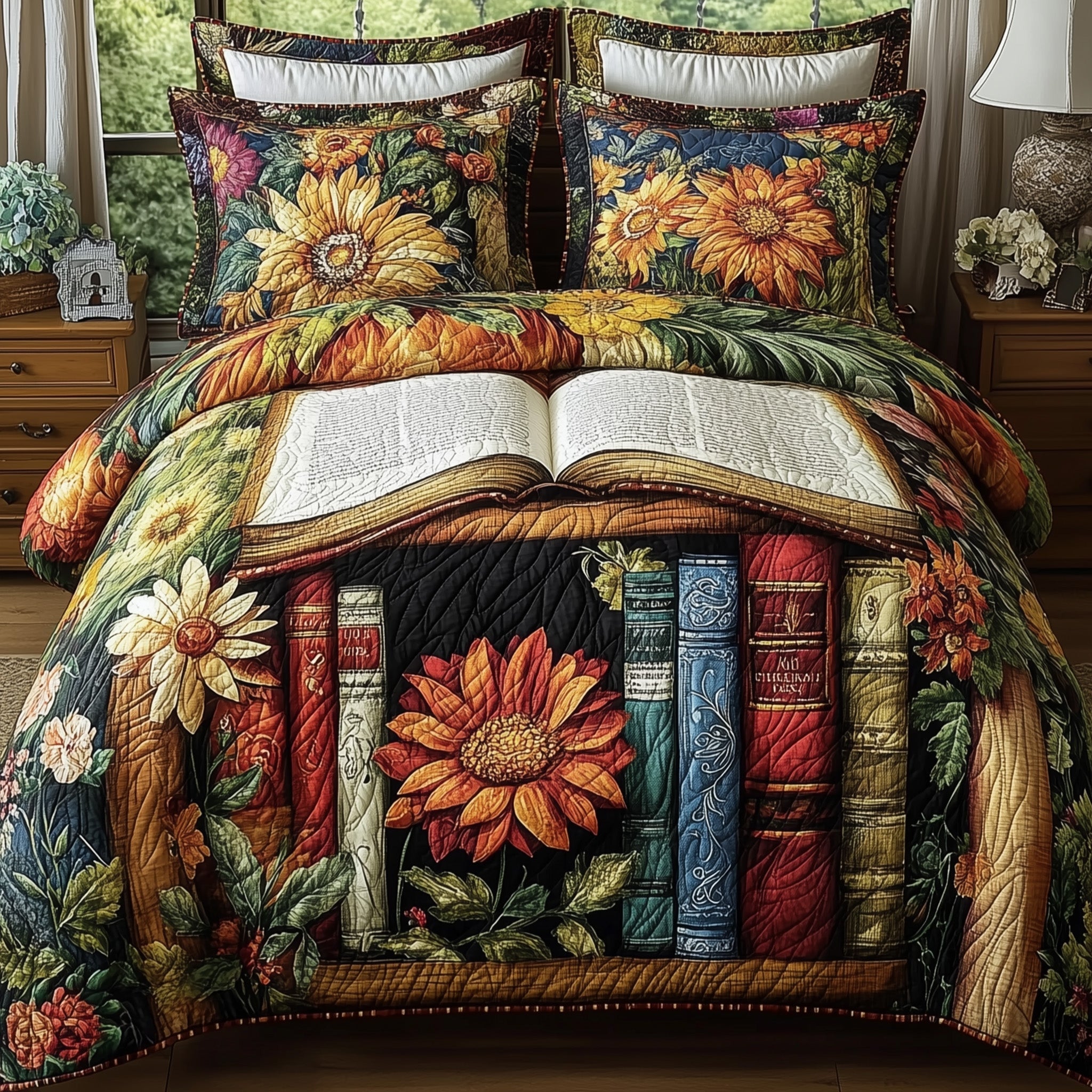 Vintage Library Quilted Bedding Set Rustic Library Scene Peaceful Bookish Themed Gifts - Bancroftclothings