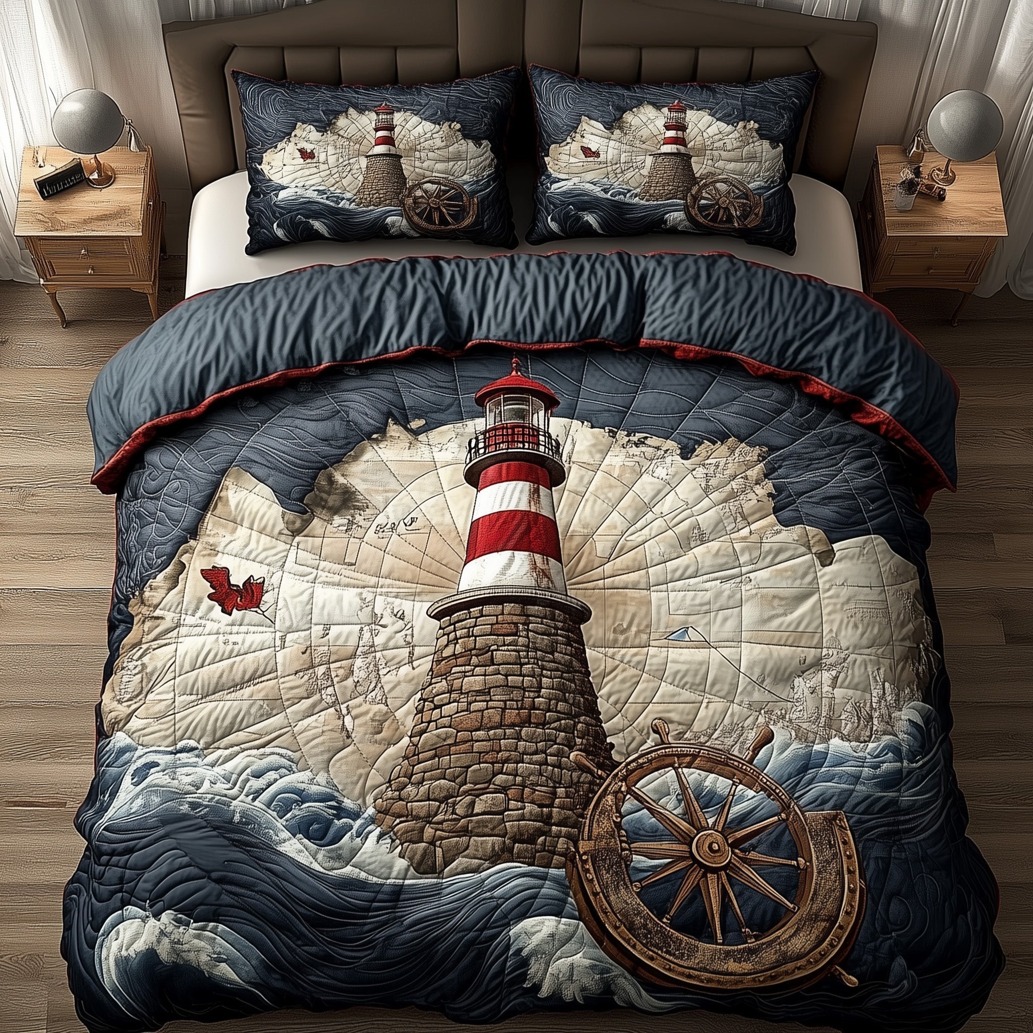 Vintage Lighthouse Quilted Bedding Set Ocean Horizon Best Ocean Landscape Bedroom Gifts - Bancroftclothings