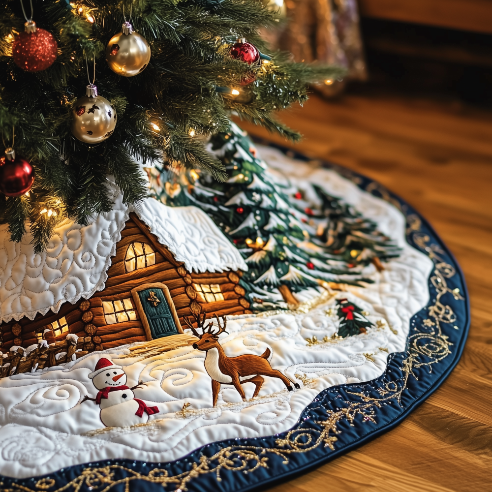 Vintage Snowy Cabin Quilted Tree Skirt Elegant Christmas Tree Decor Merch - Bancroftclothings