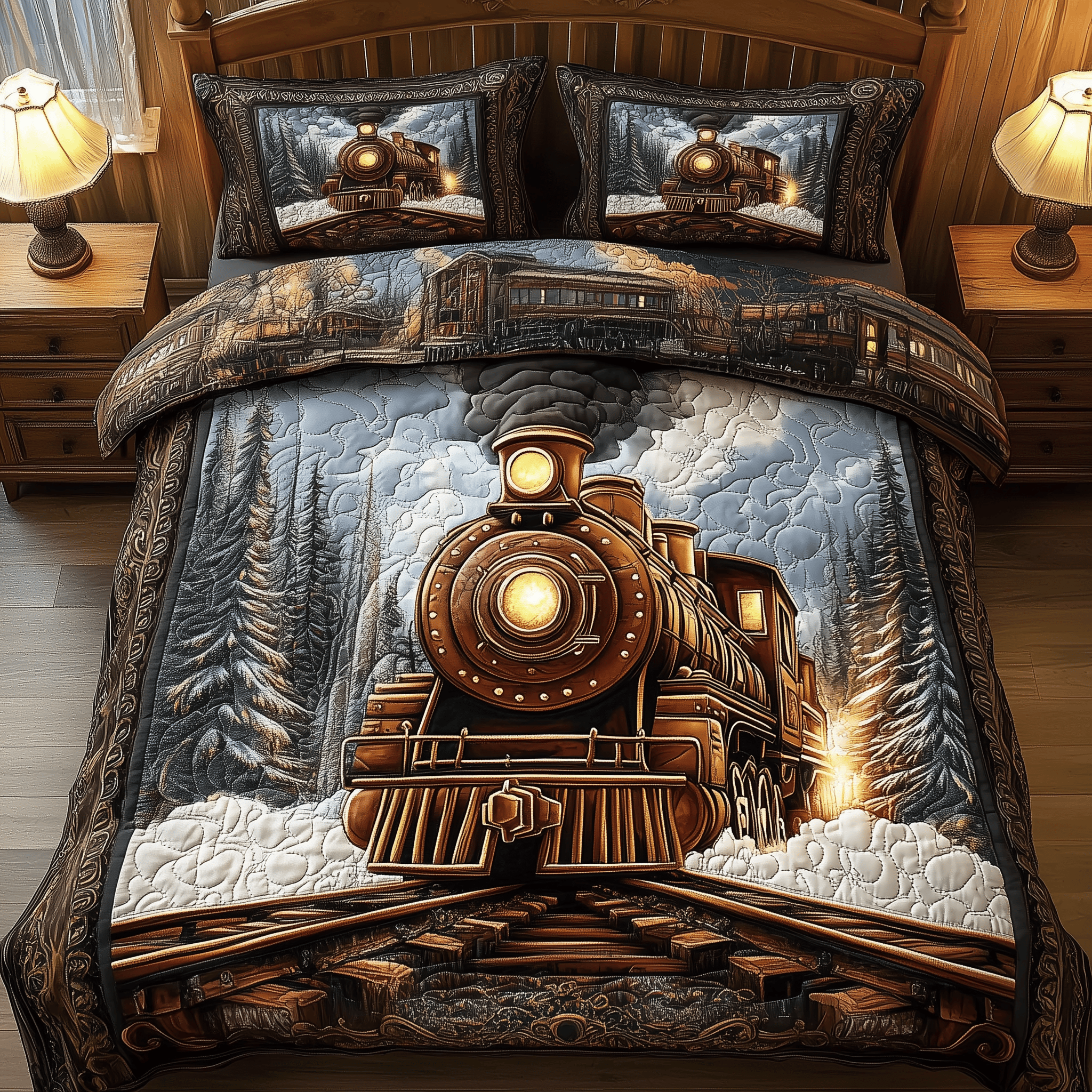 Vintage Train Quilted Bedding Set Stay warm this winter Christmas Presents For Wife - Bancroftclothings