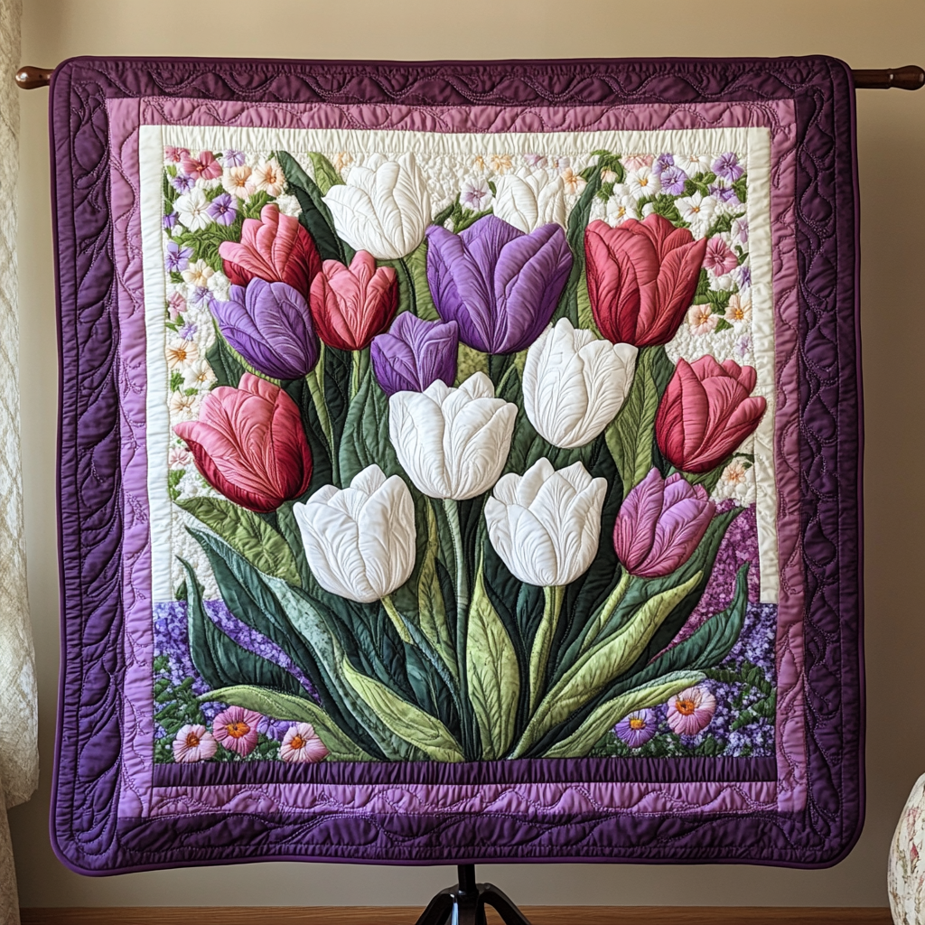 Violet Garden Quilted Blanket Nice Throw Blanket Tulip Themed Gifts For Her - Bancroftclothings