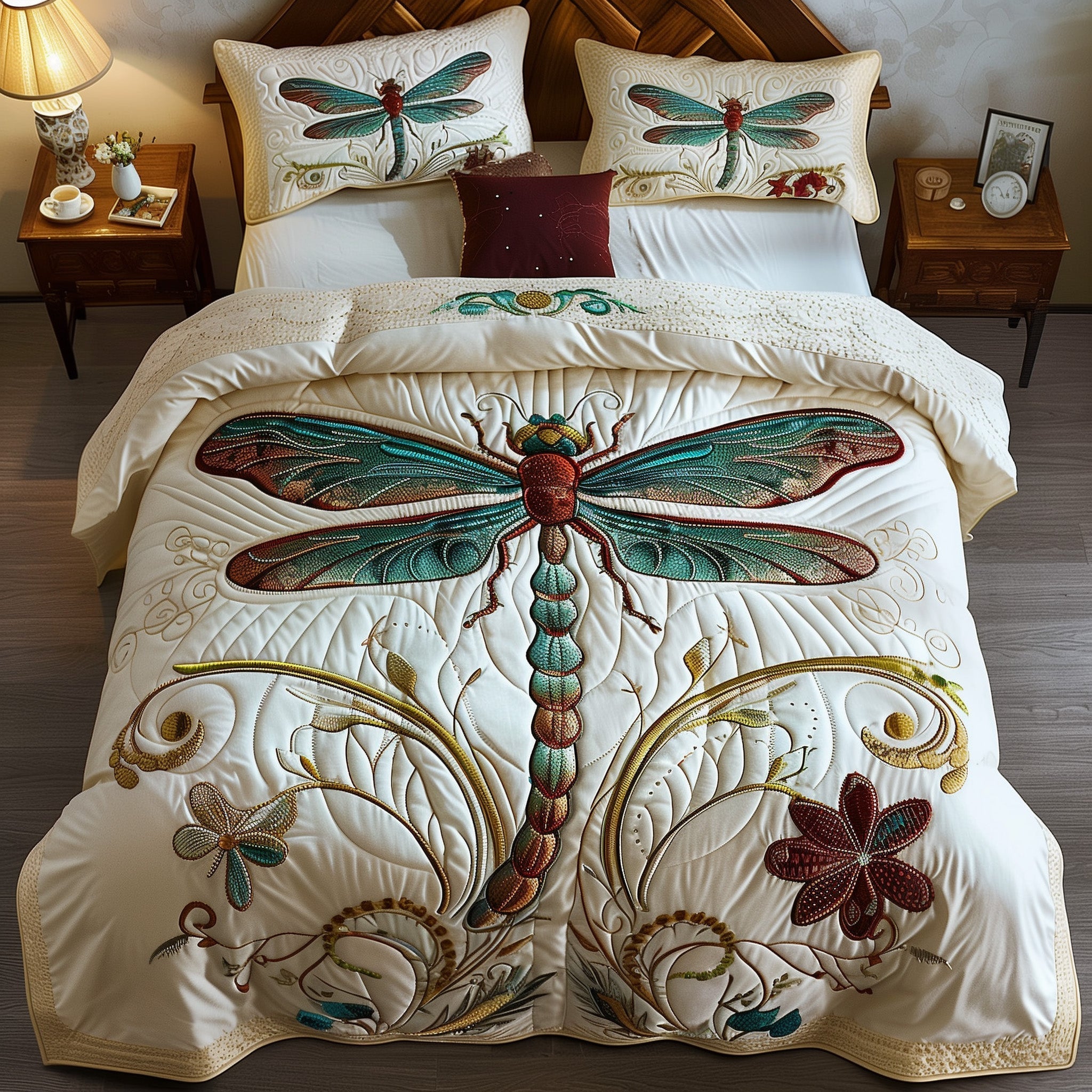 Whispering Dragonfly Duvet Quilted Bedding Set Garden Dragonfly Best Bedding Gifts - Bancroftclothings