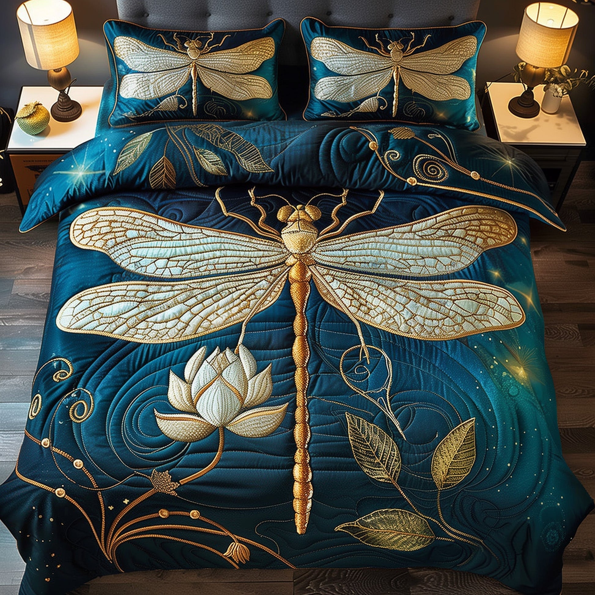 Whispering Dragonfly Duvet Quilted Bedding Set Golden Dragonfly Unique Bedding Gifts - Bancroftclothings
