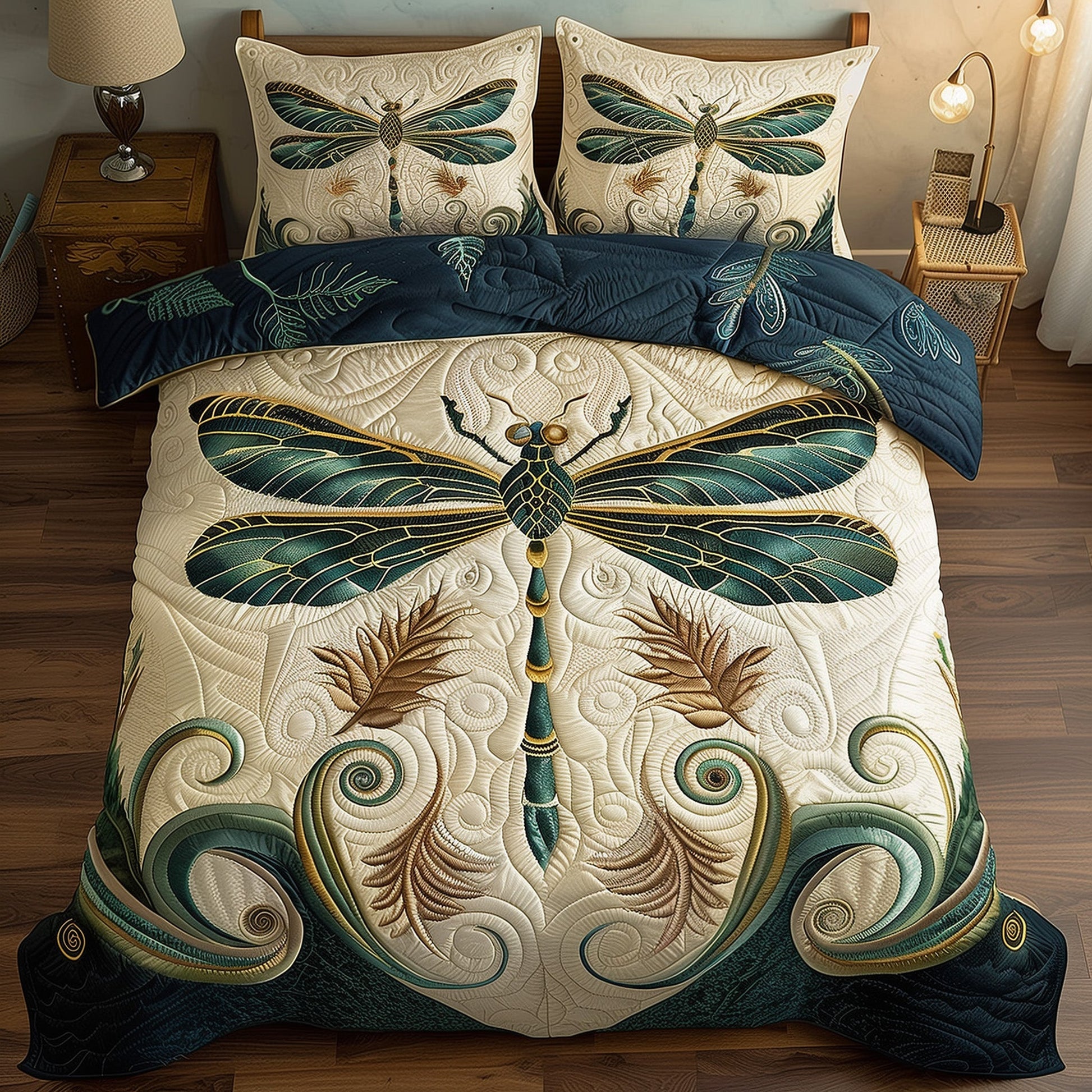 Whispering Dragonfly Duvet Quilted Bedding Set Green Dragonfly Art Best Bedding Gift Ideas - Bancroftclothings