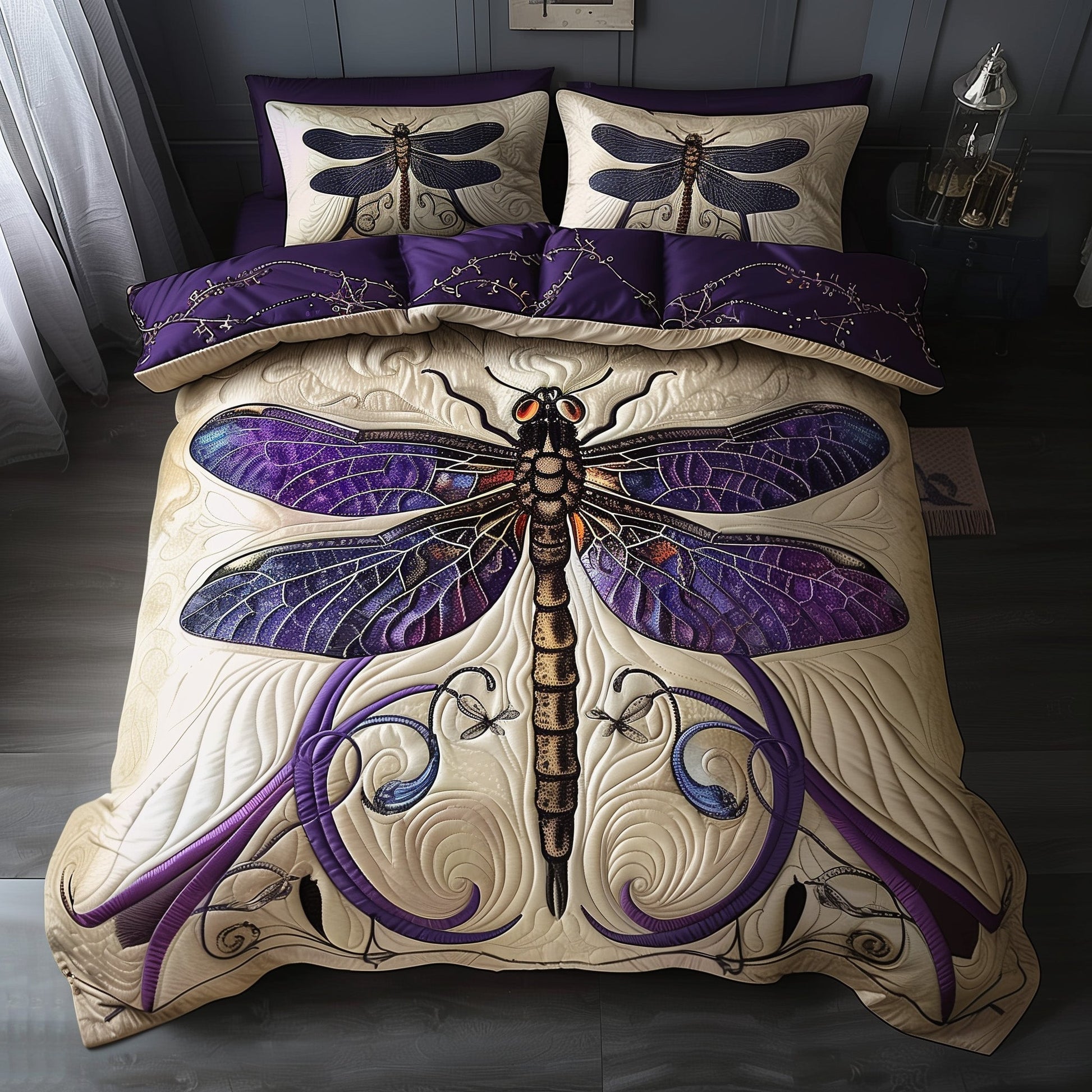 Wings Of Serenity Duvet Quilted Bedding Set Dragonfly Best Insect Illustration Bedding Gifts - Bancroftclothings