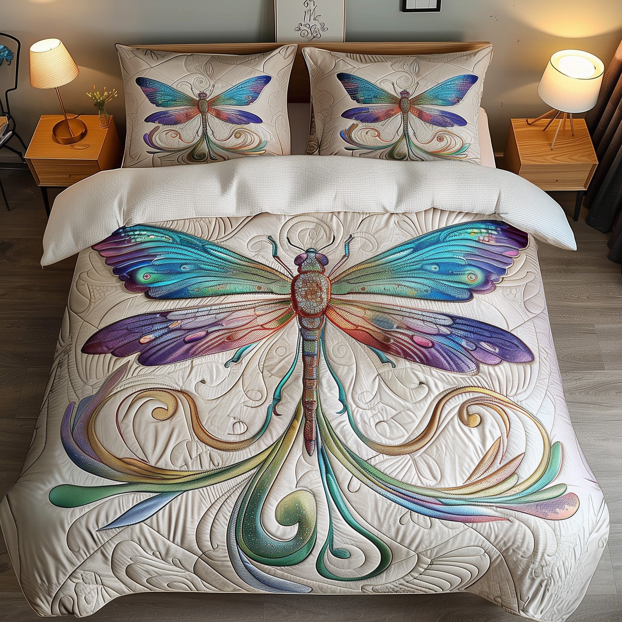 Wings Of Serenity Duvet Quilted Bedding Set Flying Insect Decor Best Dragonfly Bedding Gifts - Bancroftclothings