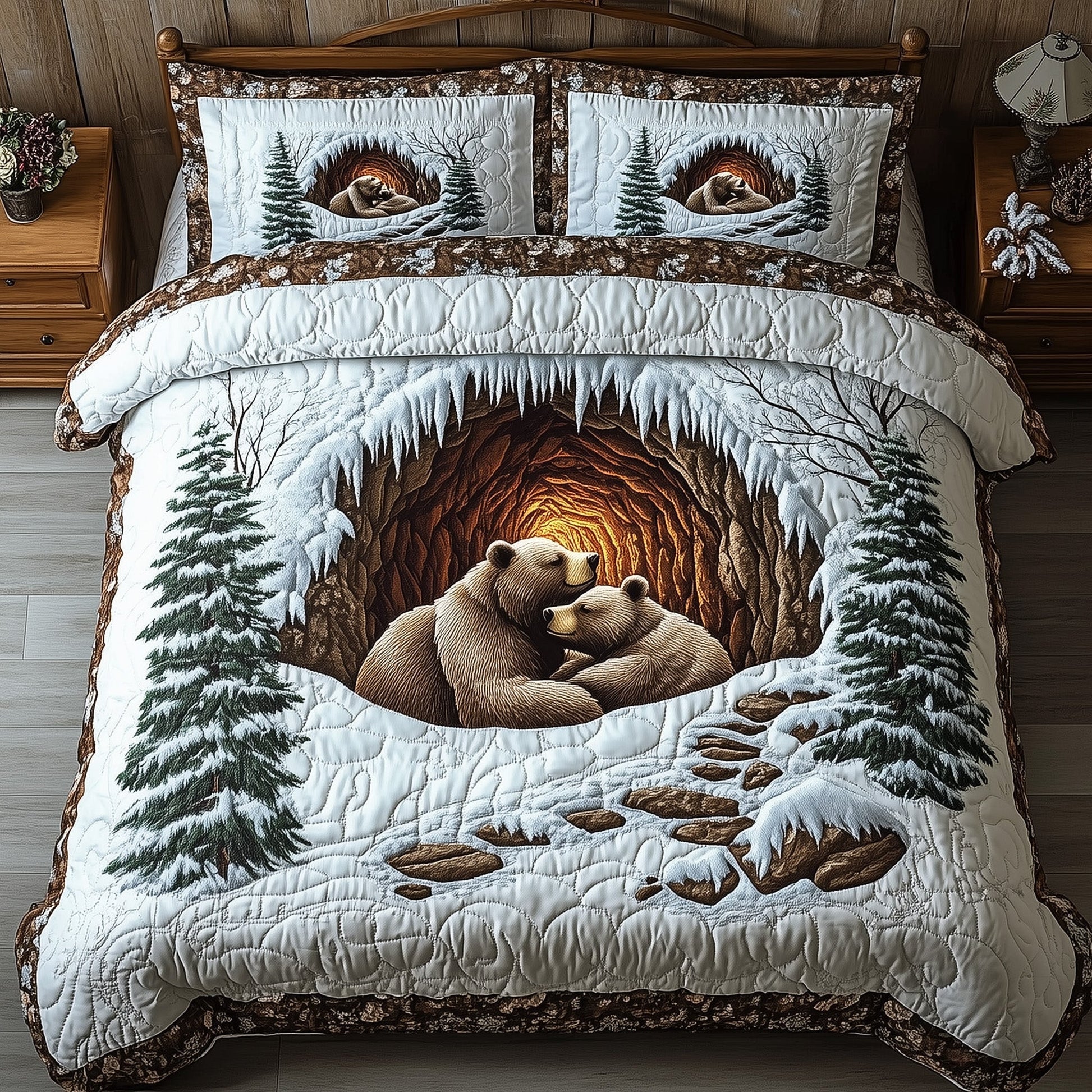 Winter Bear Sanctuary Quilted Bedding Set Cozy Bear Place Decor Best Wildlife Bedroom Gifts - Bancroftclothings