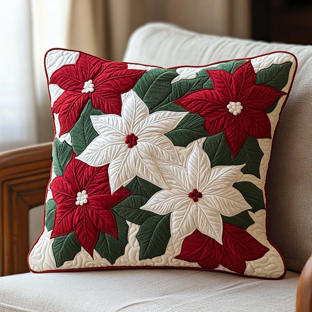 Winter Poinsettia Quilted Pillow Case Christmas Themed Holiday Home Decor Unique Xmas Gifts - Bancroftclothings