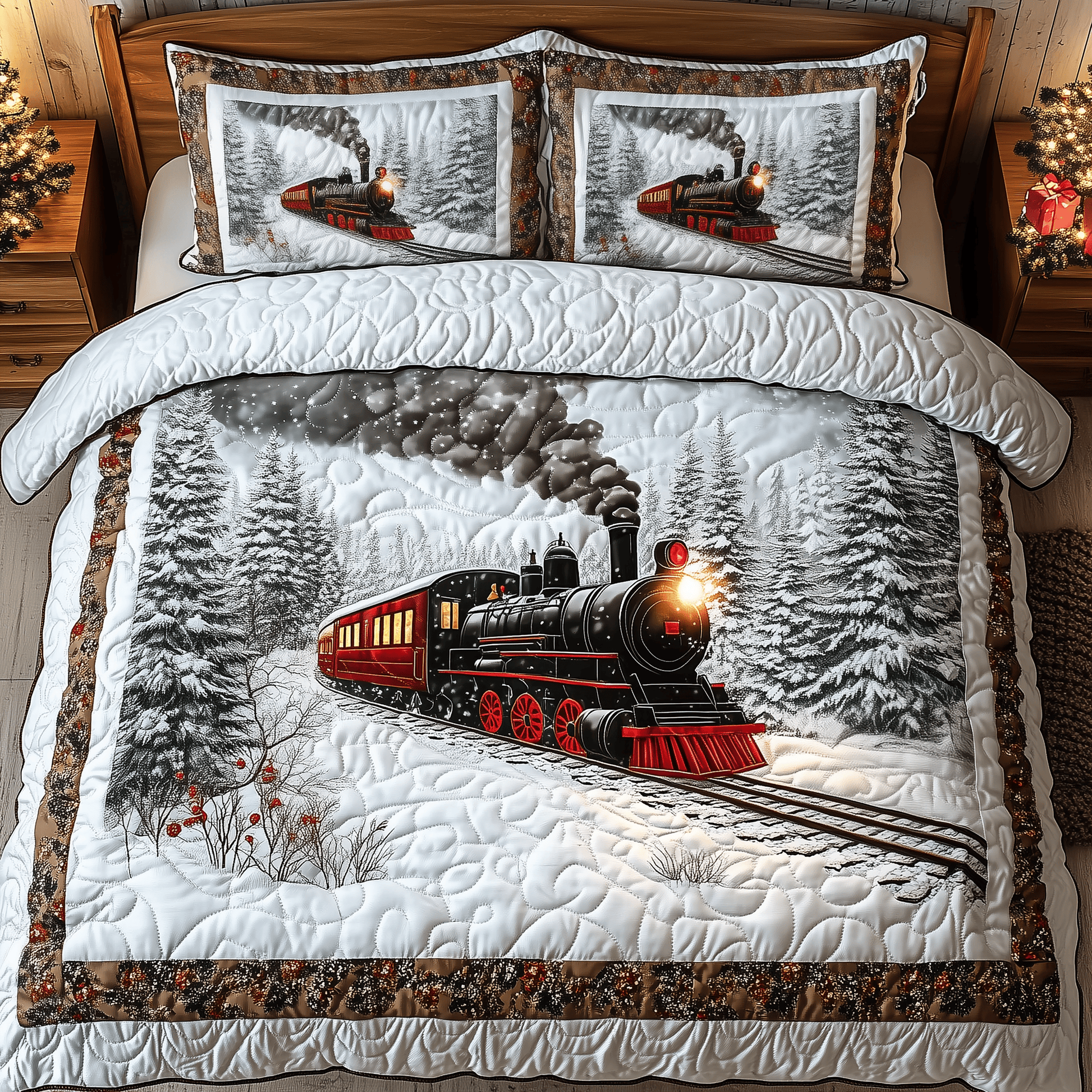 Winter Train Quilted Bedding Set Stay warm this winter Christmas Gift Ideas For Dad - Bancroftclothings