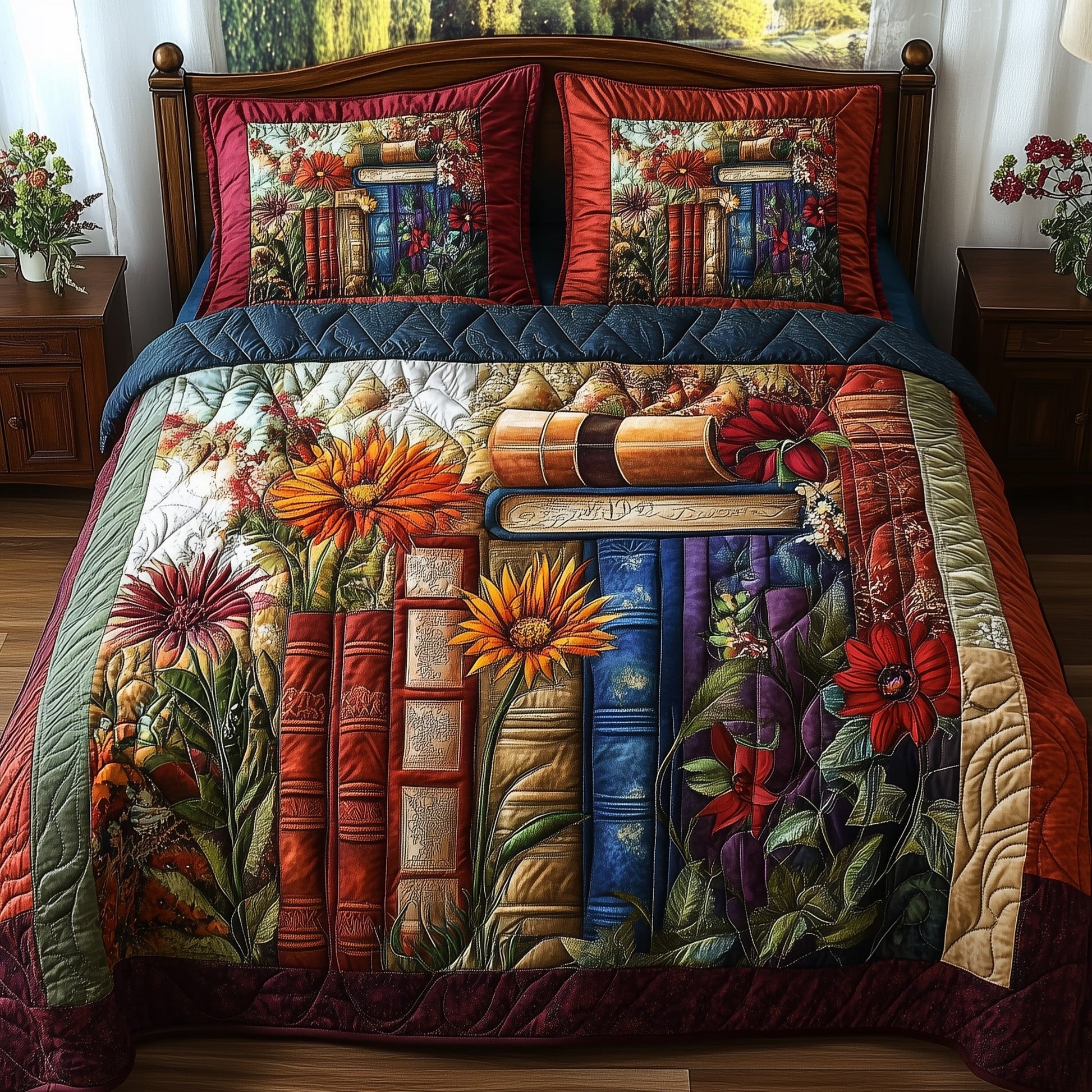 Woodland Retreat Quilted Bedding Set Book And Flowers Decor Reading Bedding Theme Gifts - Bancroftclothings