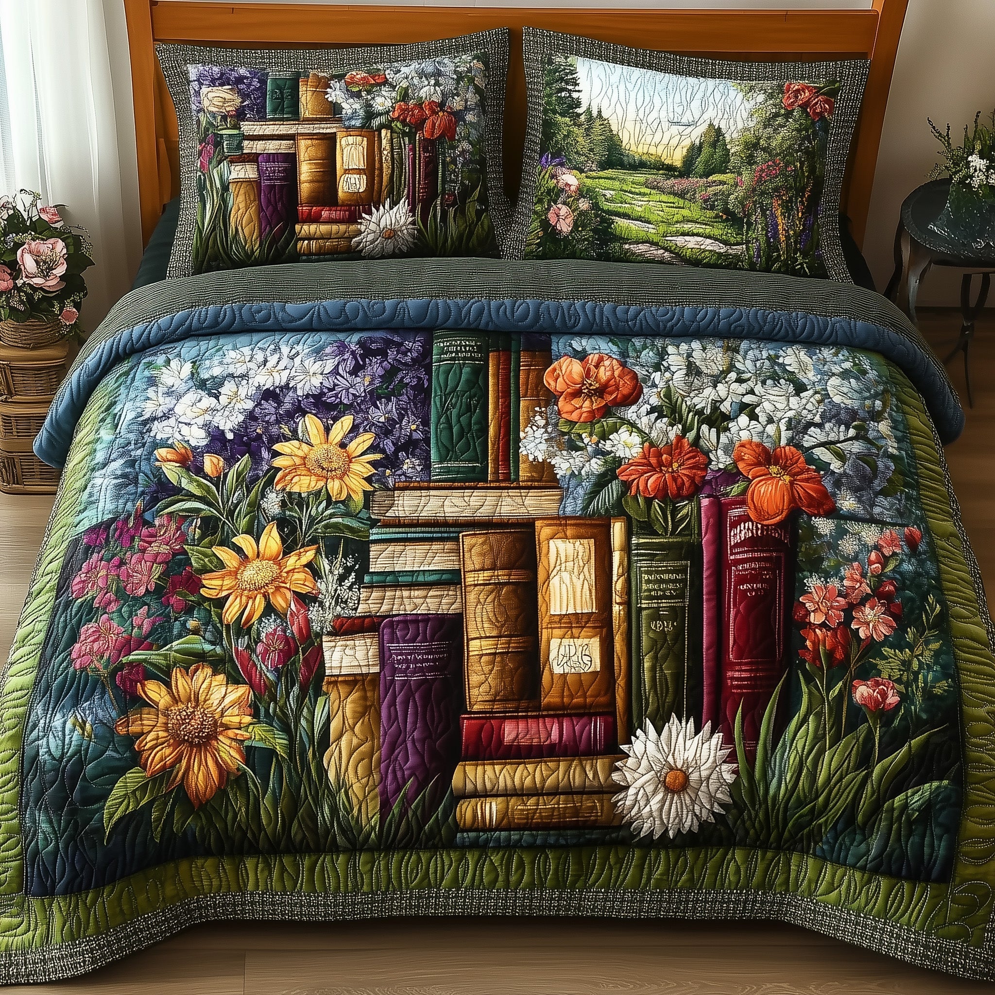 Woodland Retreat Quilted Bedding Set Book And Flowers Decor Reading Bedding Theme Presents - Bancroftclothings