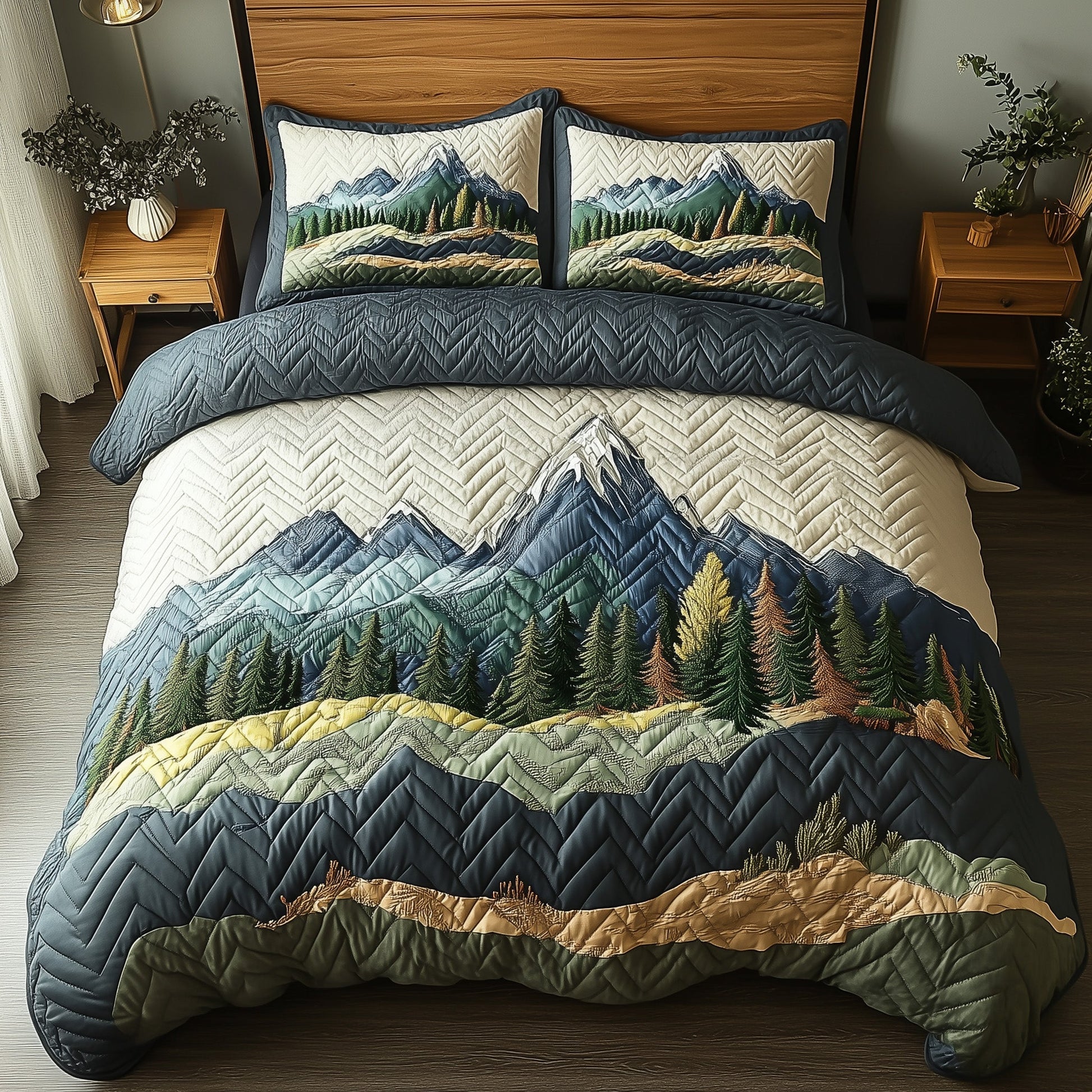 Woodland Retreat Quilted Bedding Set Frosted Woodland Landscape Theme Nature Gift Ideas - Bancroftclothings