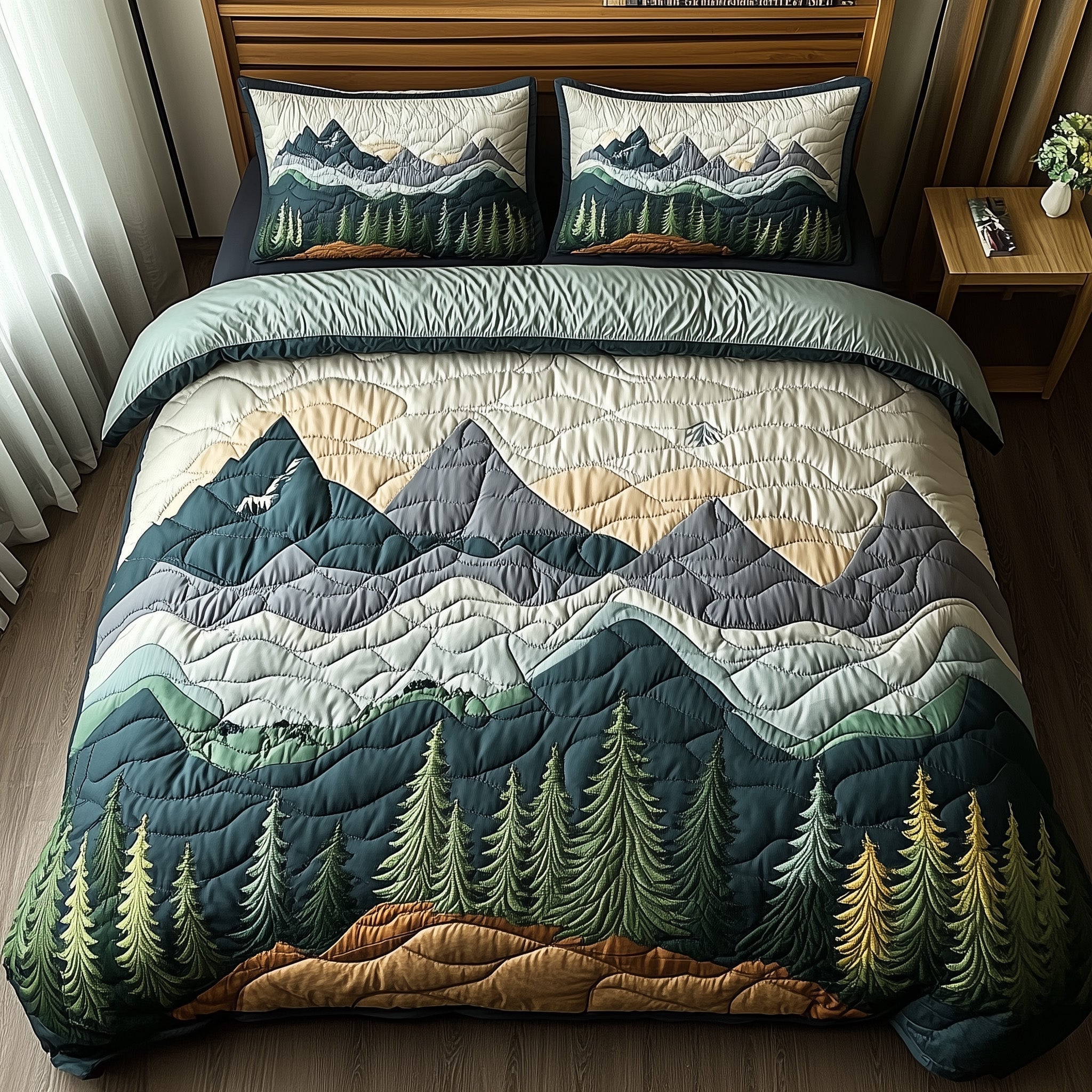 Woodland Retreat Quilted Bedding Set Frosted Woodland Landscape Theme Nature Gifts - Bancroftclothings