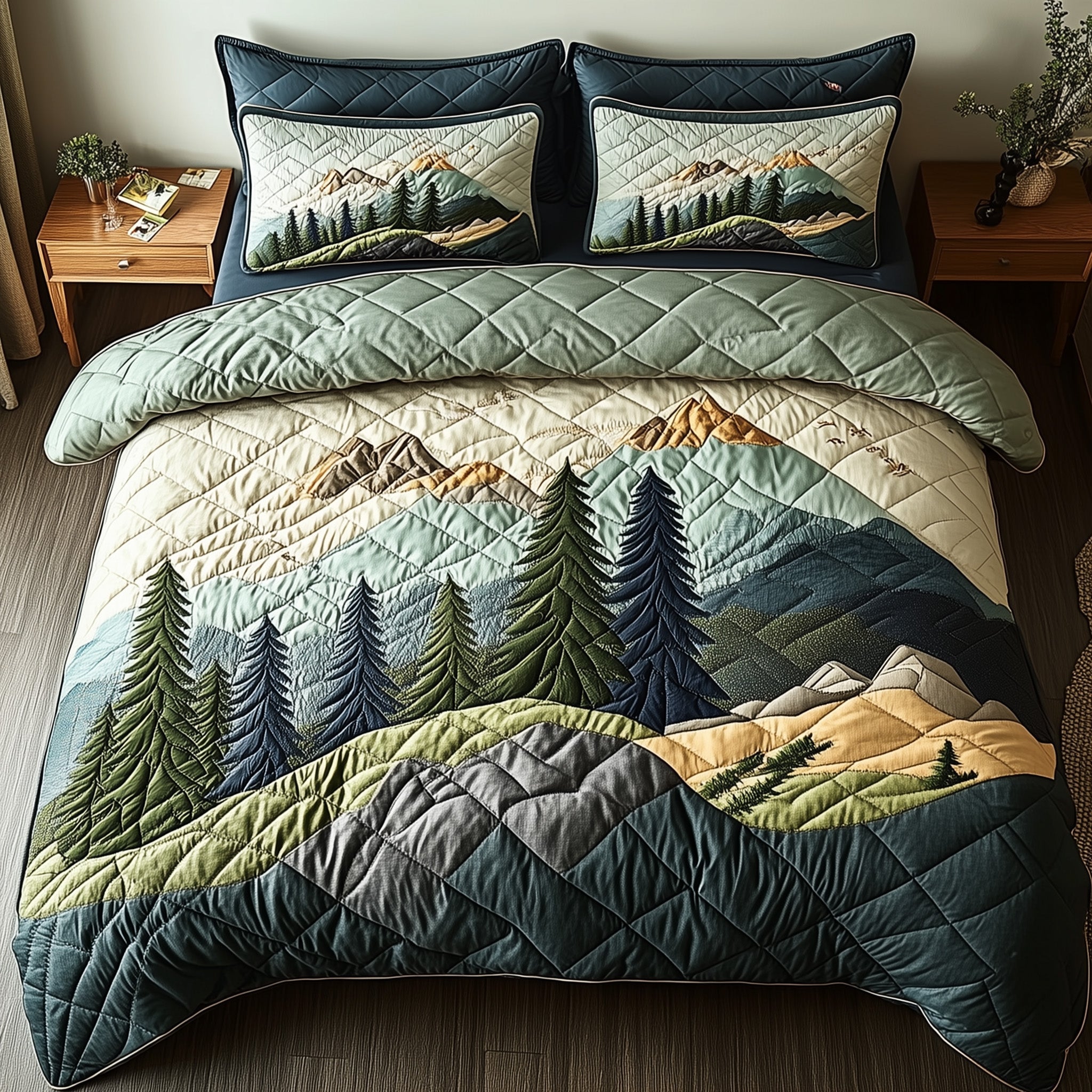 Woodland Retreat Quilted Bedding Set Majestic Pine Forest Illustration Winter Nature Presents - Bancroftclothings