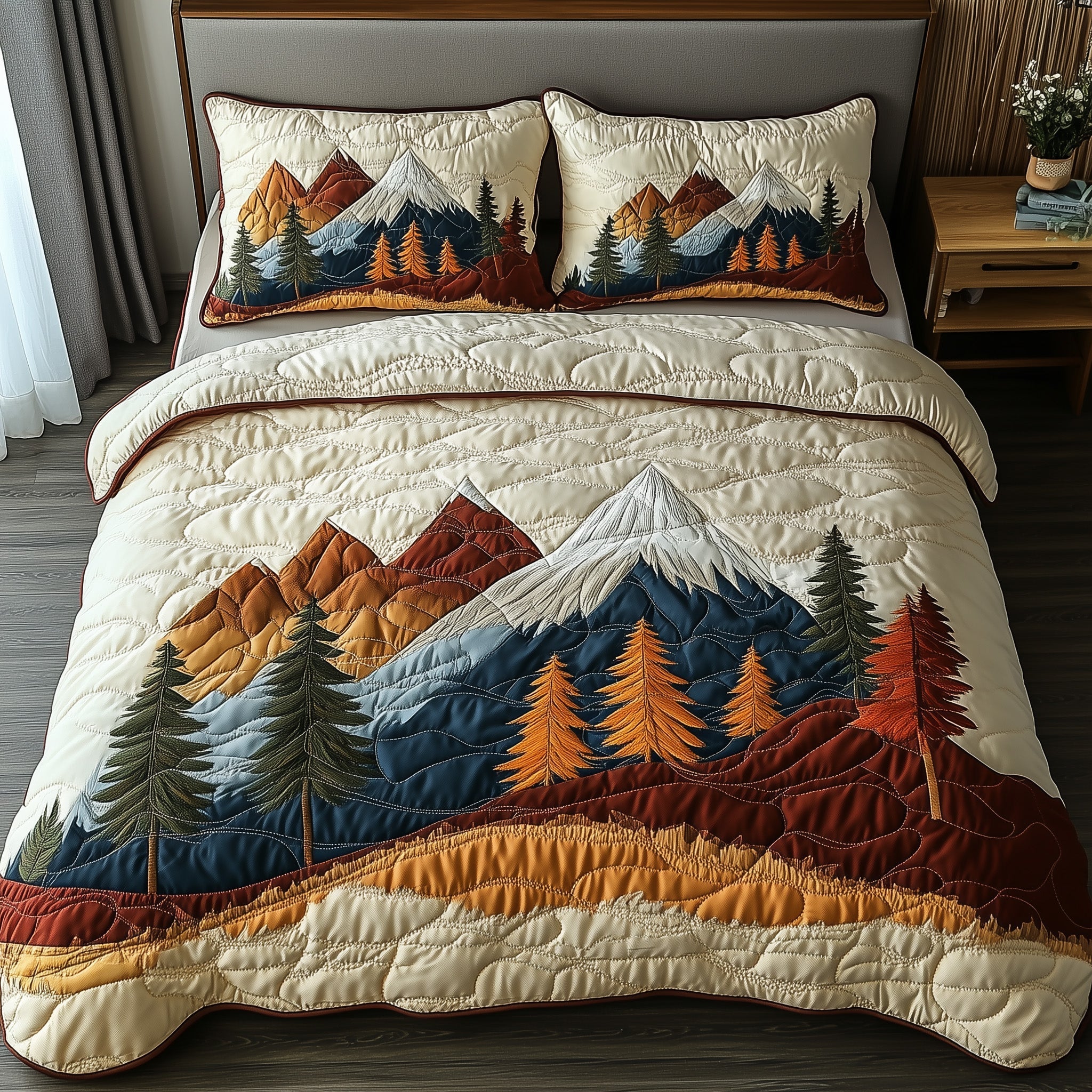 Woodland Retreat Quilted Bedding Set Majestic Pinecone Forest Decor Nature Bedding Theme - Bancroftclothings