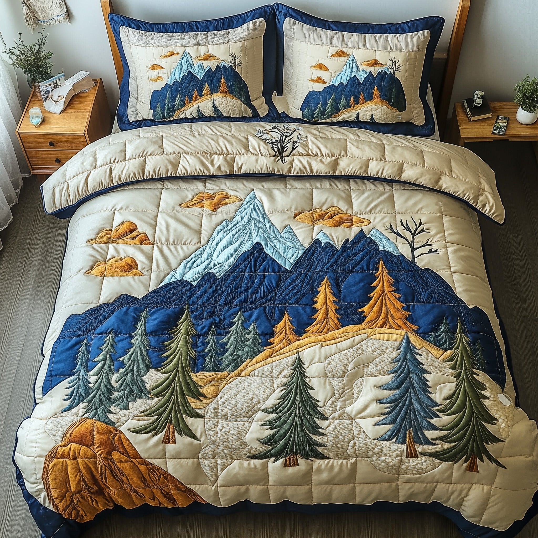 Woodland Retreat Quilted Bedding Set Majestic Pinecone Forest Decor Nature Theme Gifts - Bancroftclothings