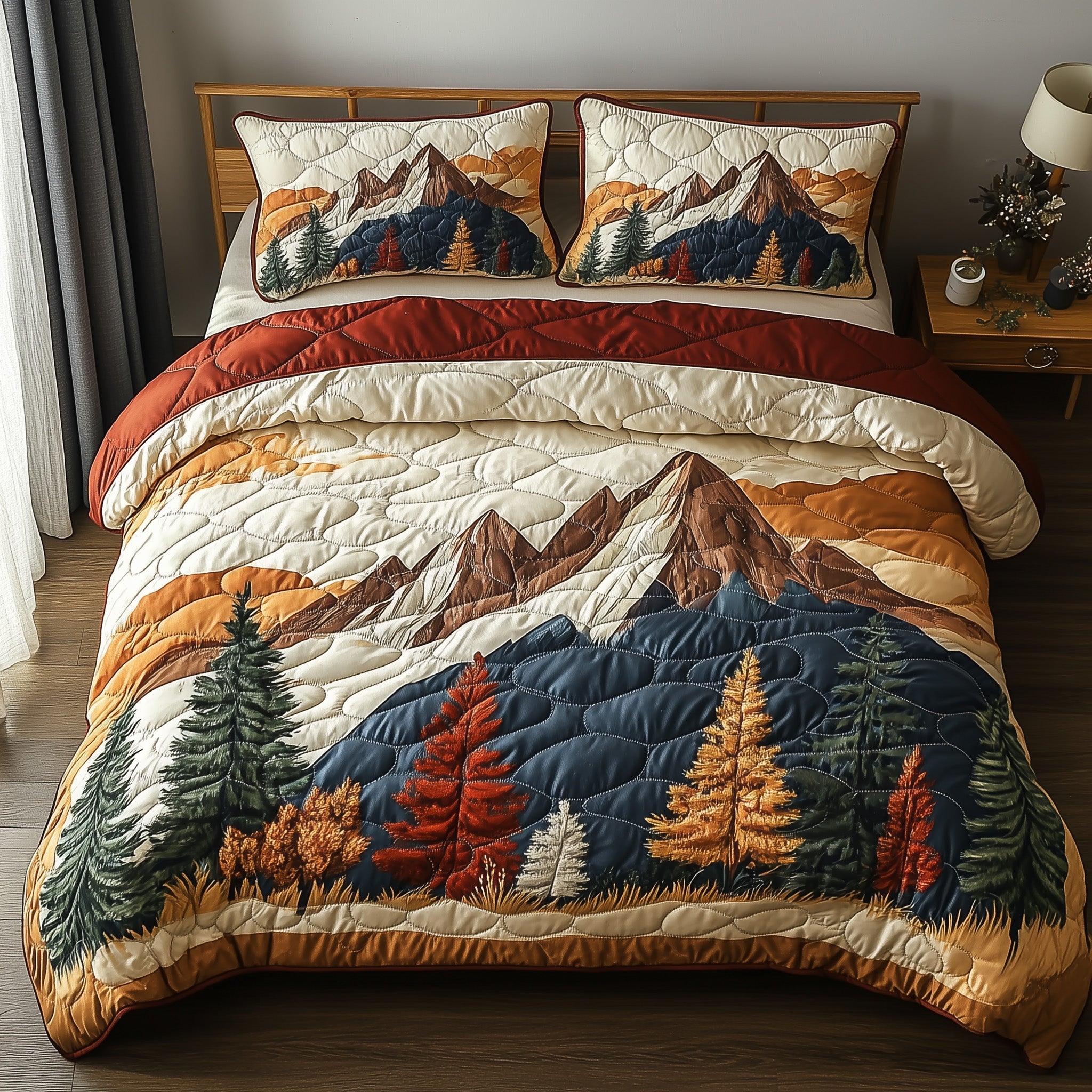 Woodland Retreat Quilted Bedding Set Majestic Pinecone Forest Illustration Nature Gift Ideas - Bancroftclothings