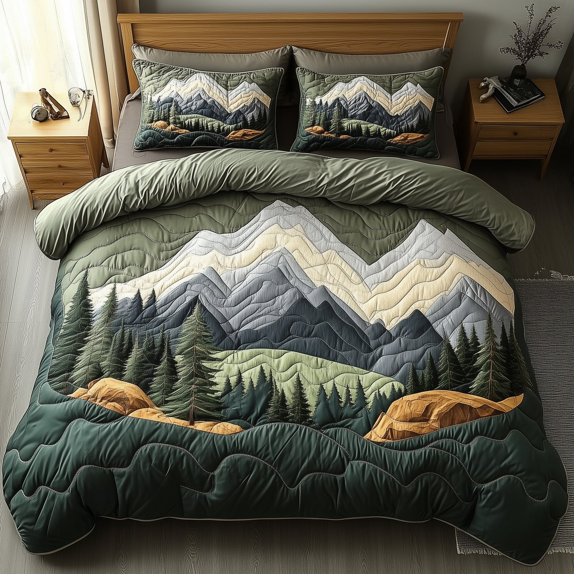 Woodland Retreat Quilted Bedding Set Majestic Pinecone Forest Illustration Nature Presents - Bancroftclothings