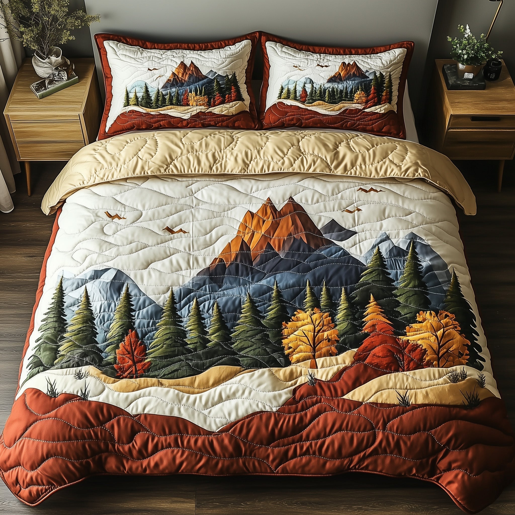 Woodland Retreat Quilted Bedding Set Mountain Forest Vibes Nature Scenery Presents - Bancroftclothings