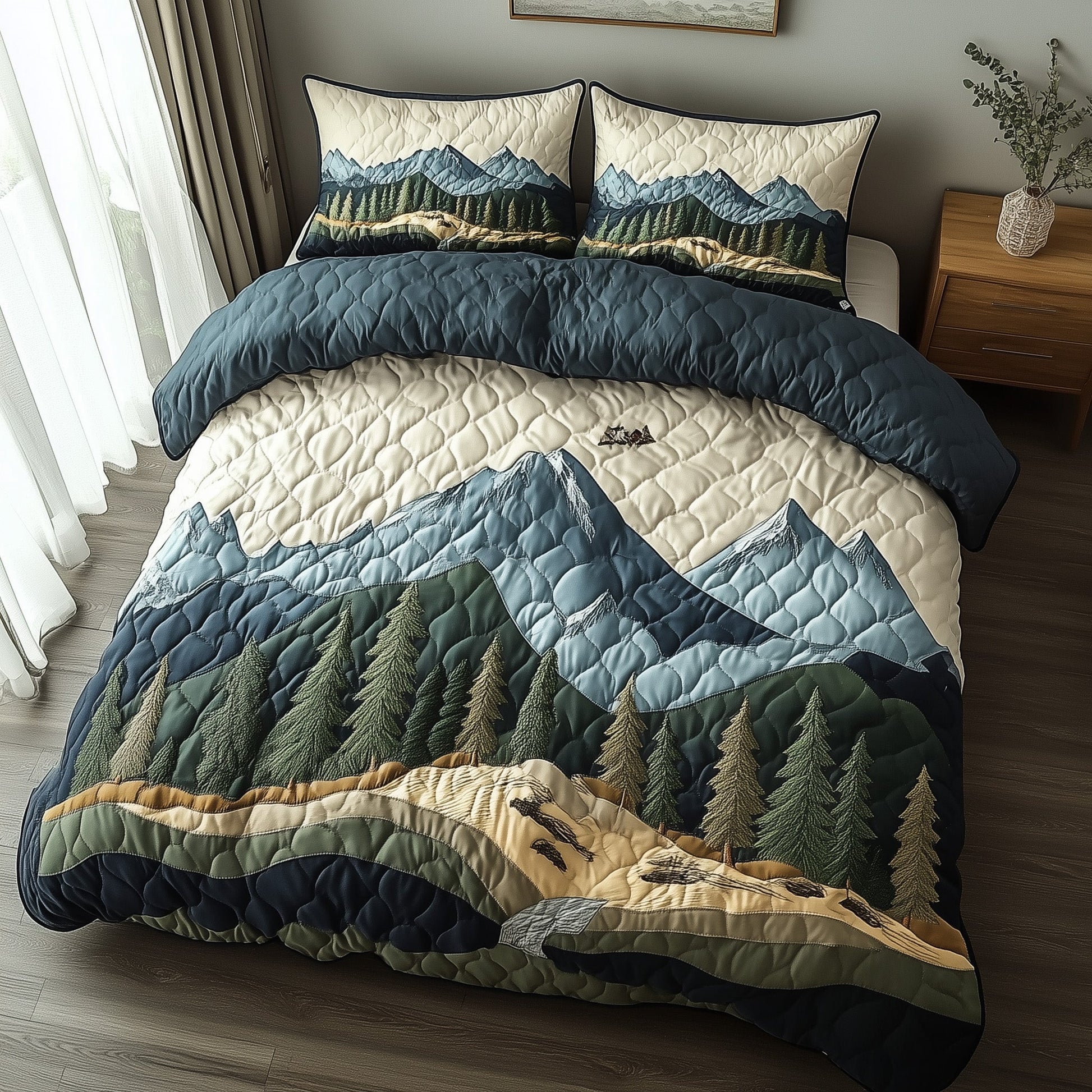 Woodland Retreat Quilted Bedding Set Peaceful Pinecone Forest Scene Nature Gift Ideas - Bancroftclothings