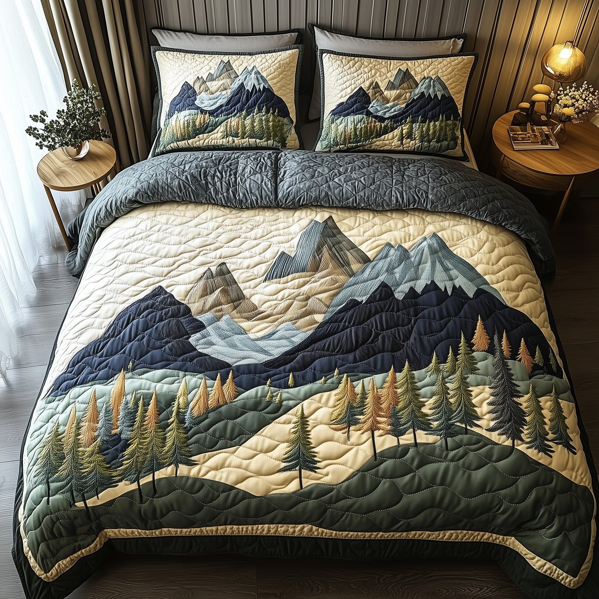 Woodland Retreat Quilted Bedding Set Peaceful Snow Scene Theme Nature Gift Ideas - Bancroftclothings